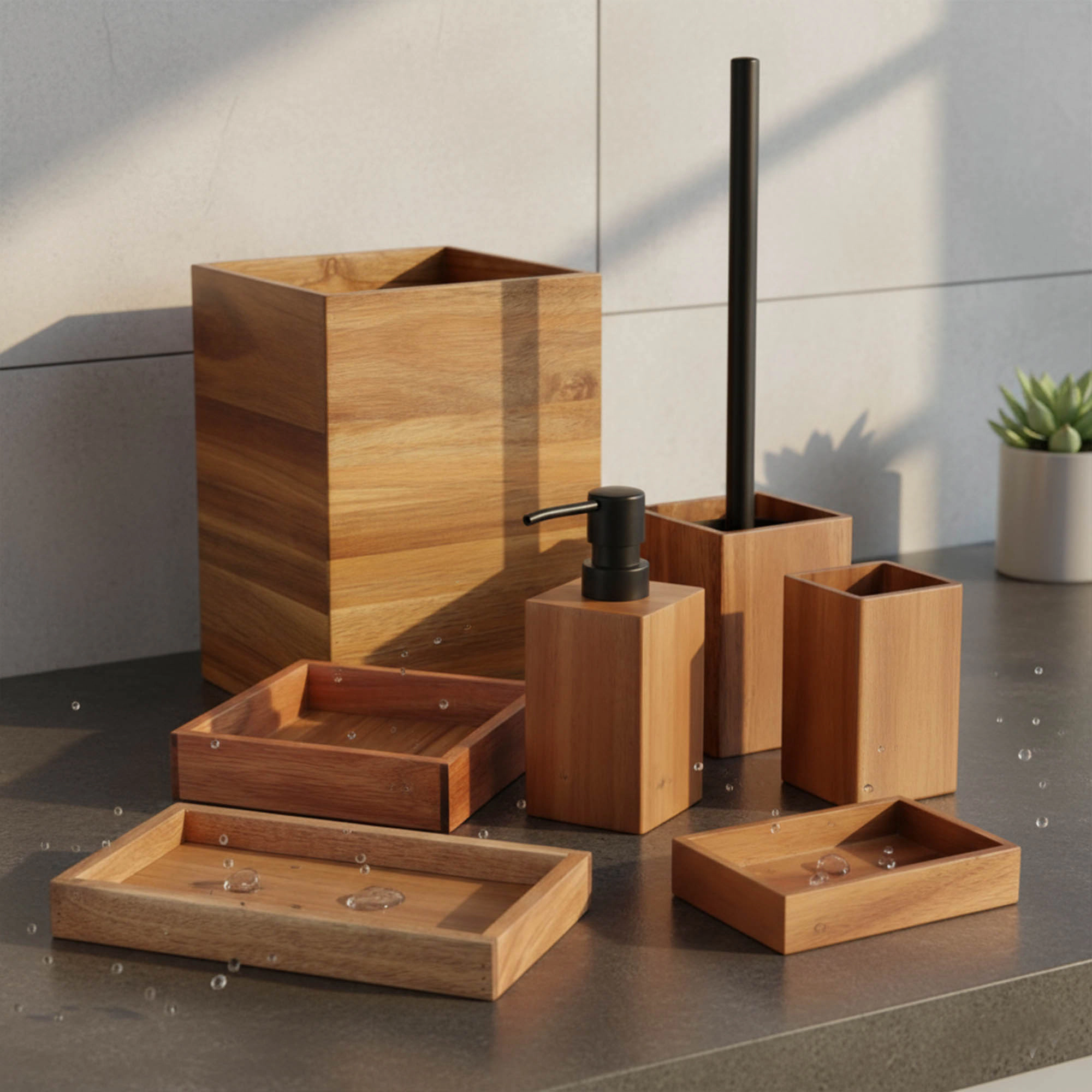 Evideco French Home Goods Acacia Wood Toilet Brush and Holder Set - Square Base, Black Handle