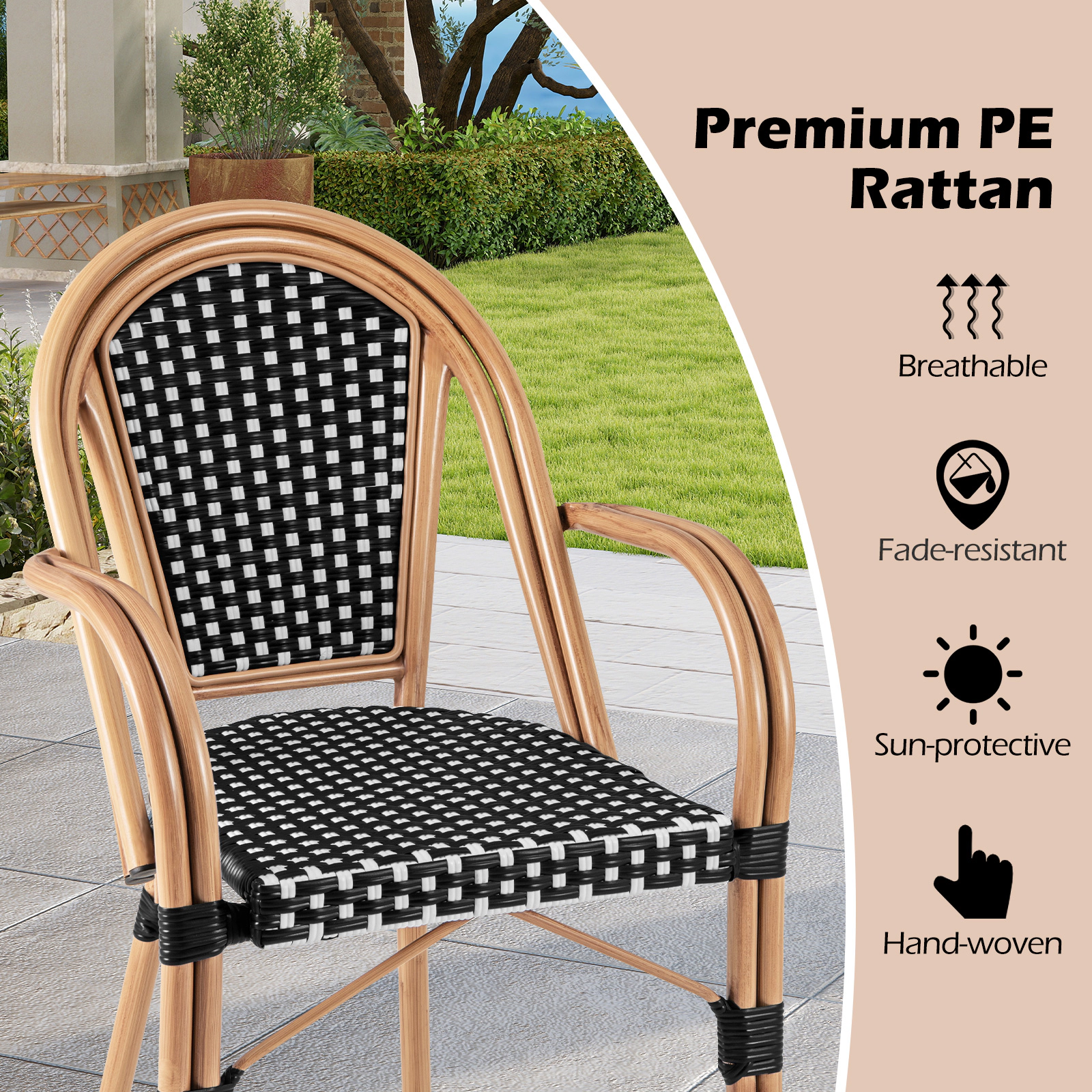 SUGIFT Hand-Woven PE Wicker Outdoor French Bistro Dining Chairs Set of 2 400-lb Capacity Black and White