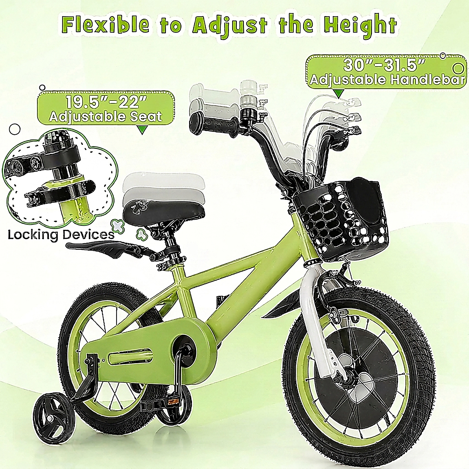 SUGIFT Kids Bike Green Adjustable with Dual Brakes Storage Basket and Training Wheels