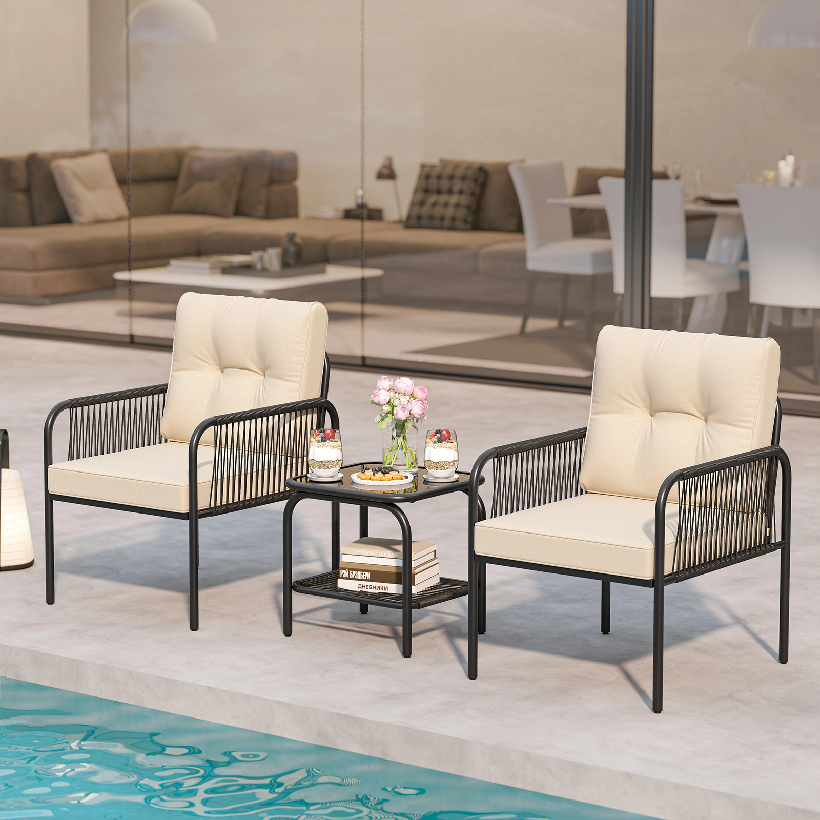 LJG 3 Pieces Patio Bistro PE Outdoor Wicker Rattan Furniture Conversation Set