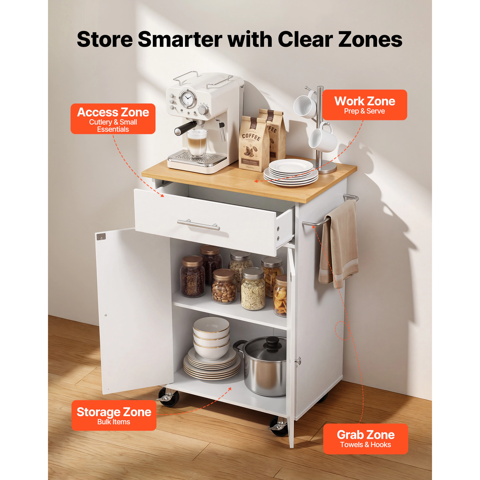 HONGGE Kitchen Island Cart with Storage Mobile Rolling Storage Island on Swivel Wheels with Drawer Storage Cabinet Rack