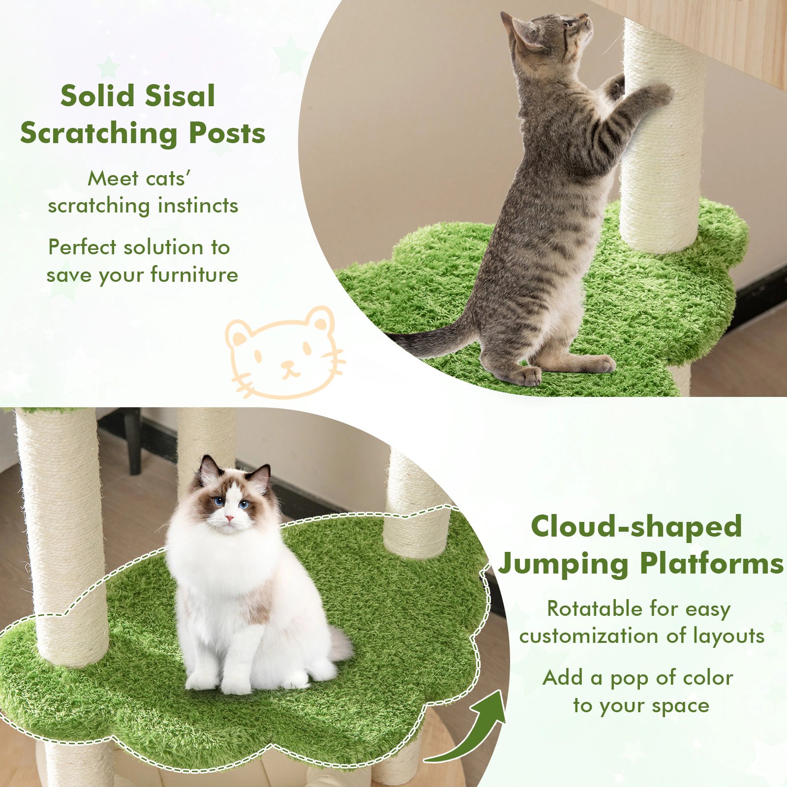 SUGIFT 55-in Tall Cat Tree with Hammock Pine Wood Condo Basket Bed and Sisal Posts for Indoor Cats
