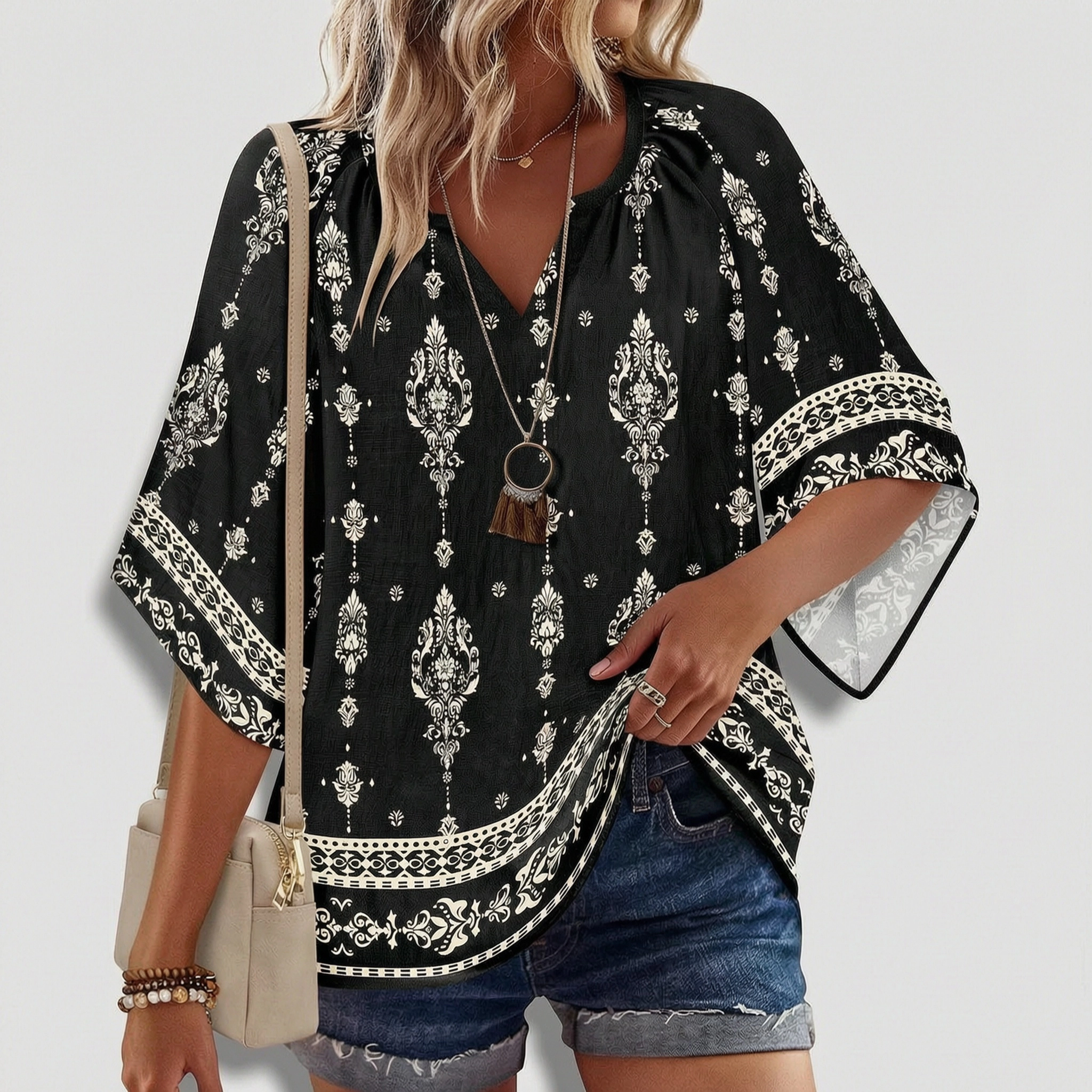 Zeagoo Womens 3/4 Sleeve V Neck Floral Printed Boho Blouses Loose Casual Bohemian Tunic Shirts