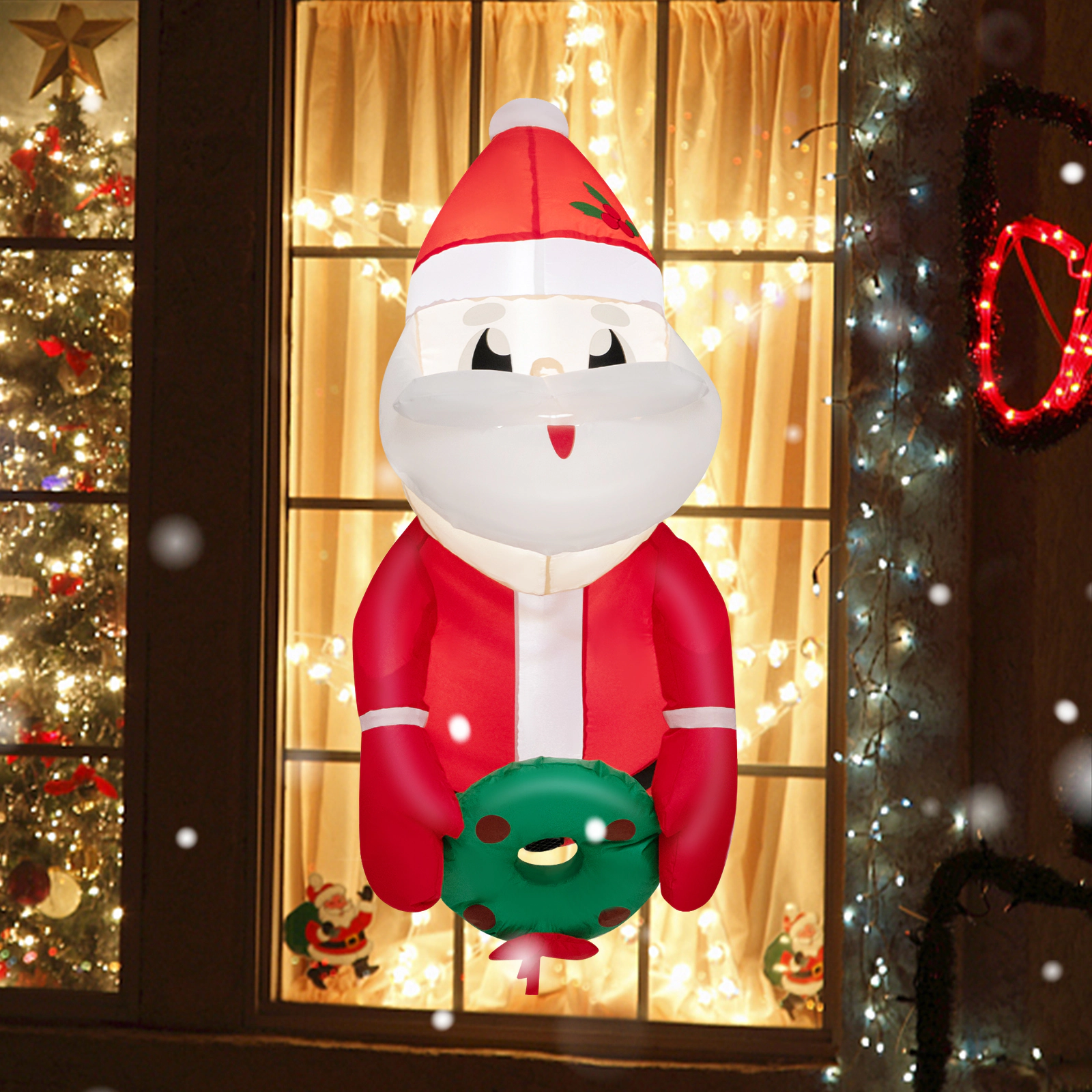 SUGIFT 3.3-ft Lighted Inflatable Santa Claus Window Decoration with Built-in Blower 0.9-lb Polyester Fabric Red