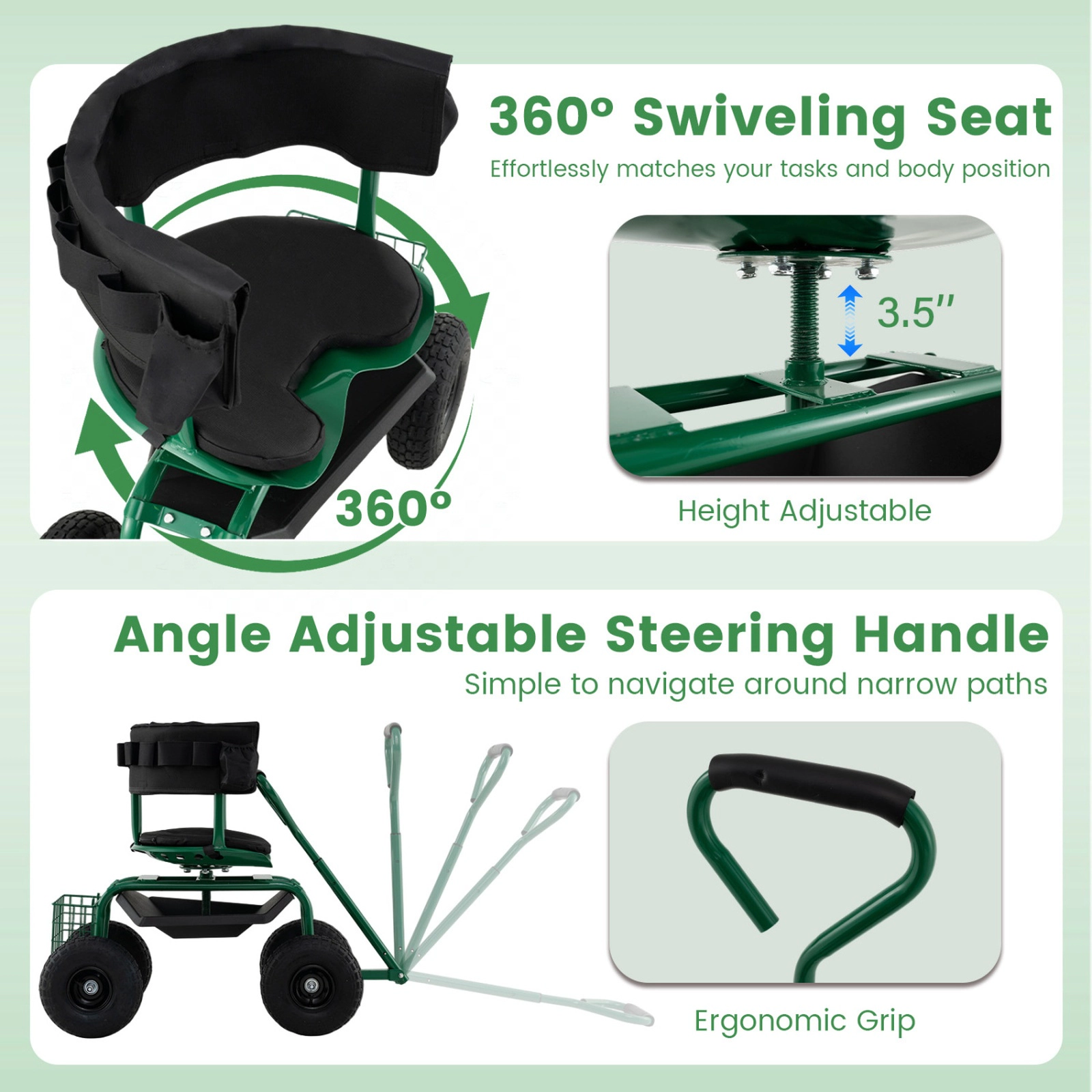 SUGIFT Red Rolling Garden Cart Scooter with Cushioned Seat and Adjustable Steering Handle 37-in W 18-in D