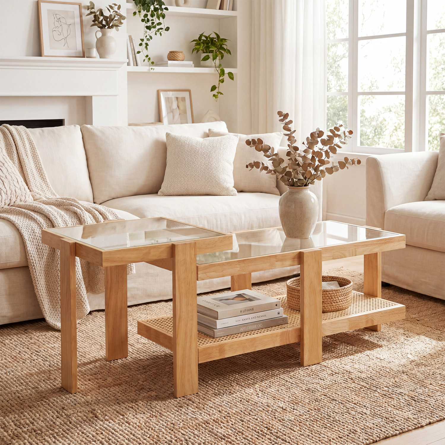 Glintex 2-Piece Nesting Coffee Table Set with Glass Tops and Rattan Shelf, Natural