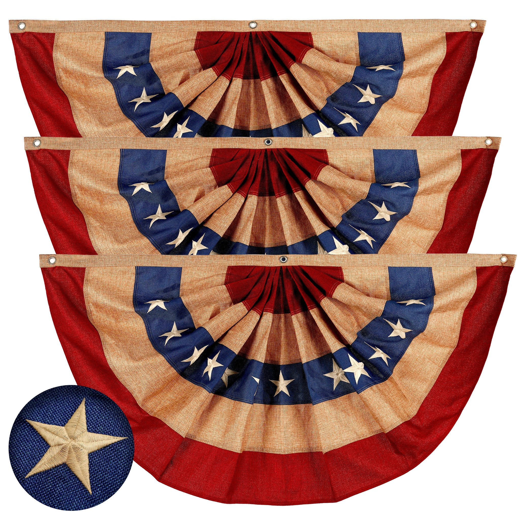 G128 3-Pack USA Pleated Fan Flags 2x4 ft - Tea-Stained Burlap Look, Embroidered Stars and Stripes