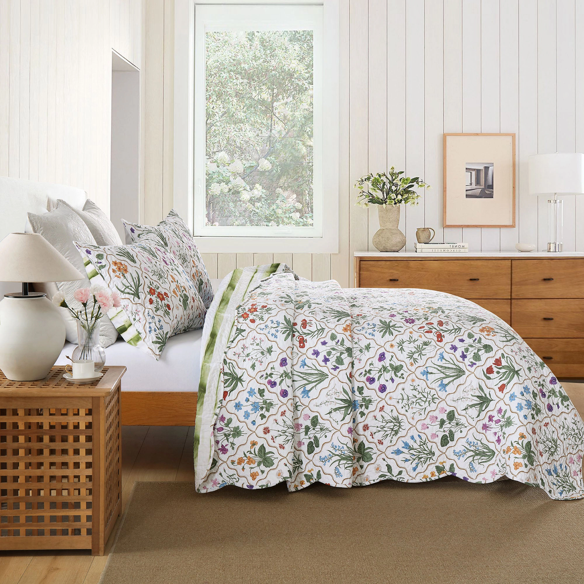 MarCielo 3 Pieces Soft Floral Quilt Set - Botanical Print Quilted Bedspread Set