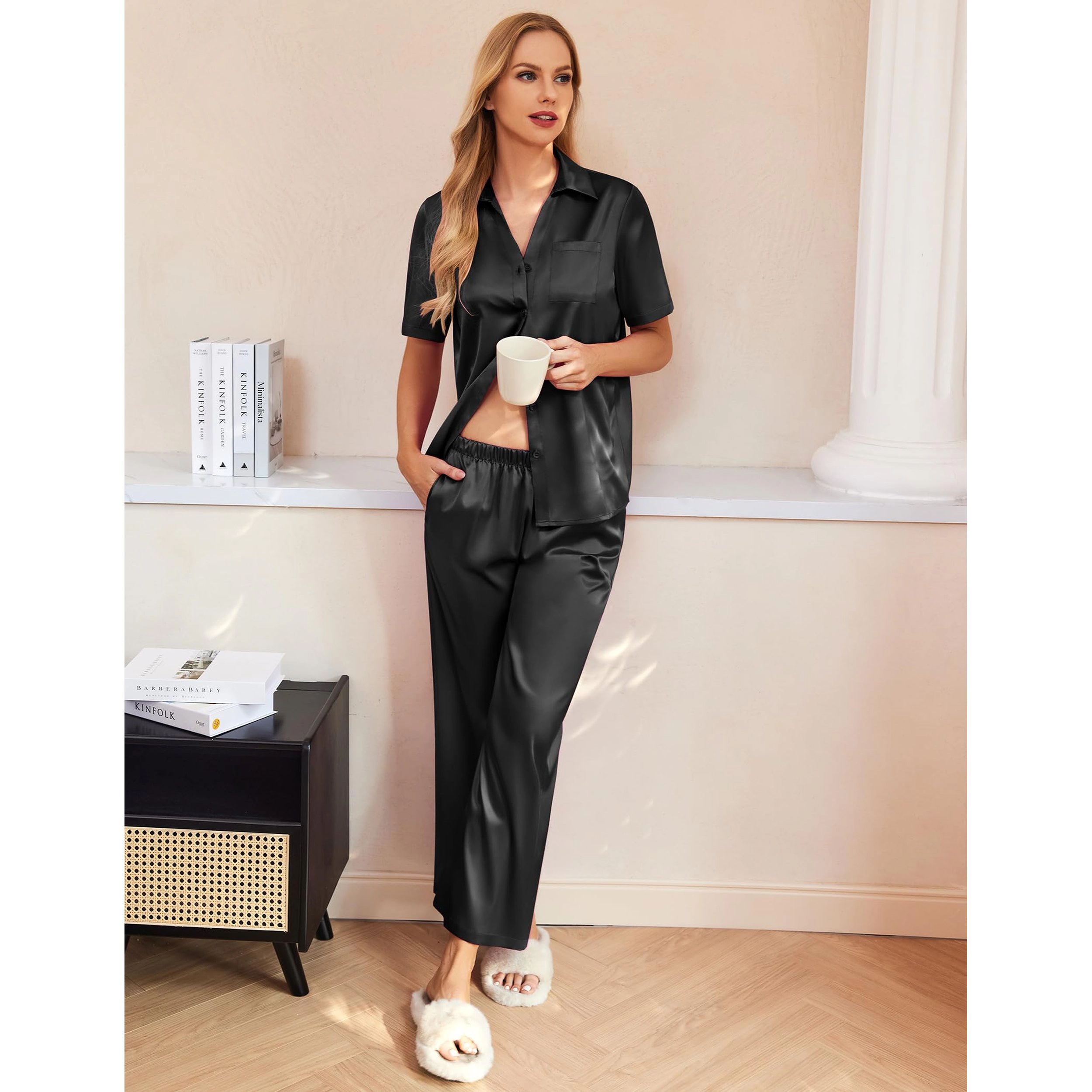Ekouaer Silk Pajamas for Womens Set 2 Piece Satin Pjs Soft Button Down Sleepwear Wide Leg Long