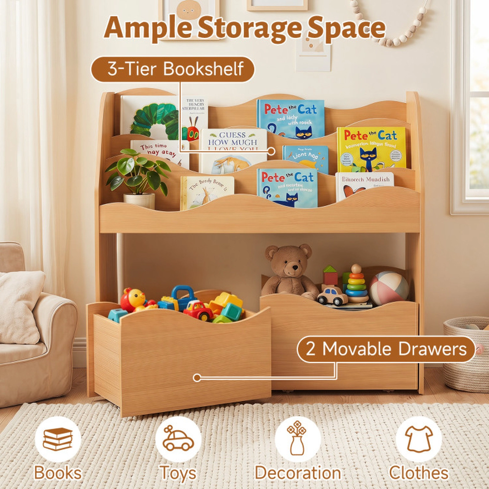 SUGIFT Kids 3-Tier Bookshelf 2 Rolling Drawers Toy Storage Organizer 32.5-in x 12-in x 30-in 33-lb Capacity Natural