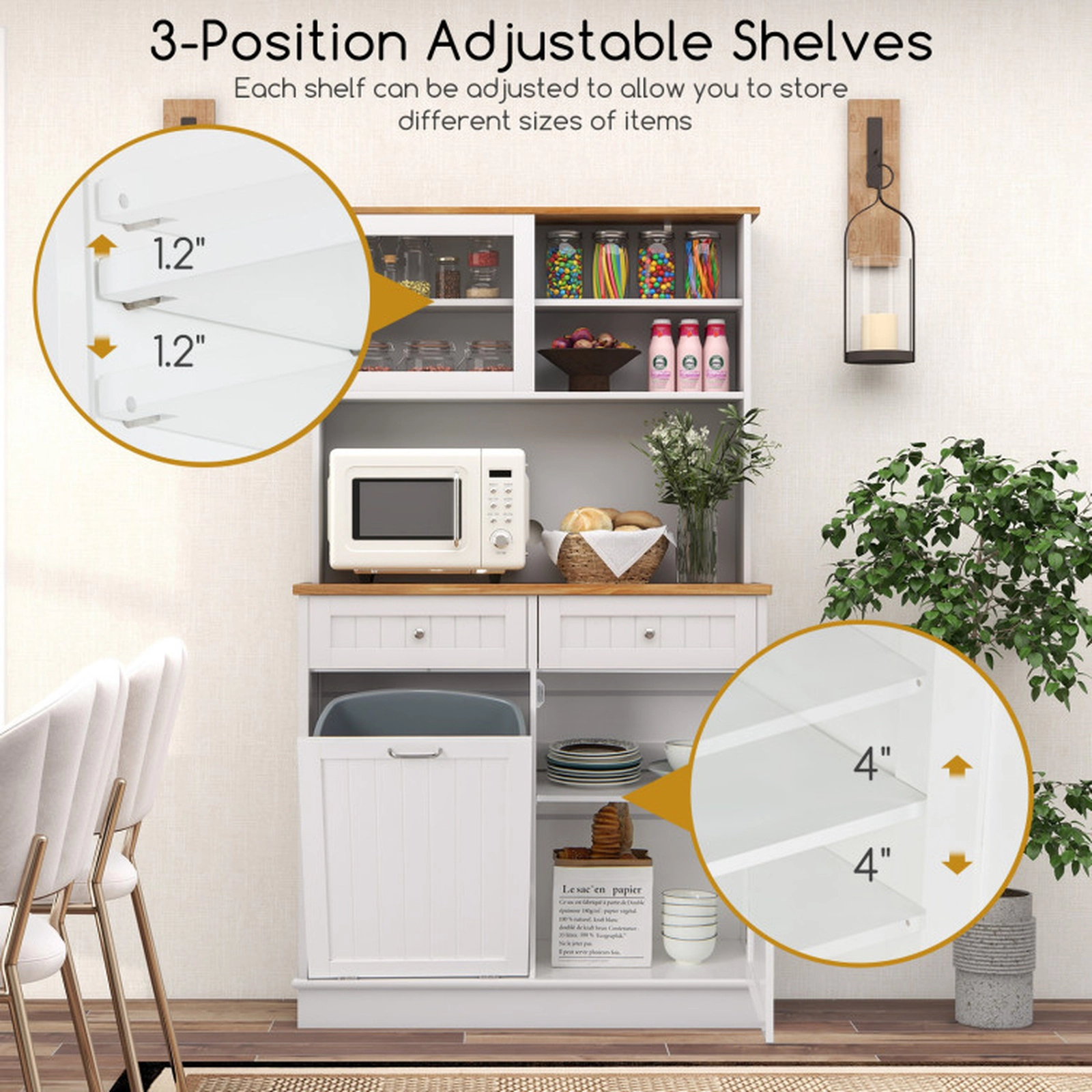 SUGIFT 39.5-in 300-lb Capacity Double Tilt Out Trash Can Cabinet with Hutch Rubber Wood Countertop and 2 Drawers