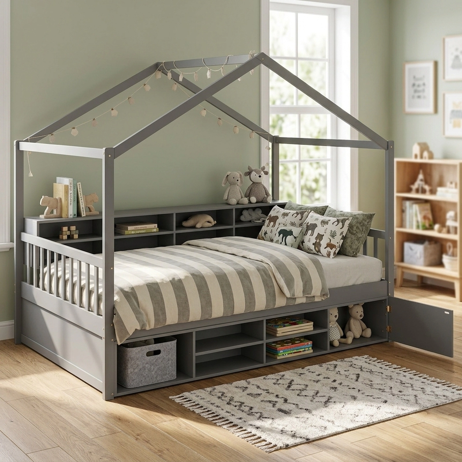 SUGIFT Twin House Bed with Roof, 14 Storage Cubes, Cabinet and Guardrails, Gray/White