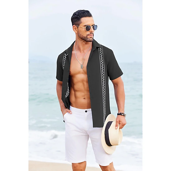 COOFANDY Mens Short Sleeve Button Down Shirt Lapel Collar Zigzag Stripe Casual Tops
