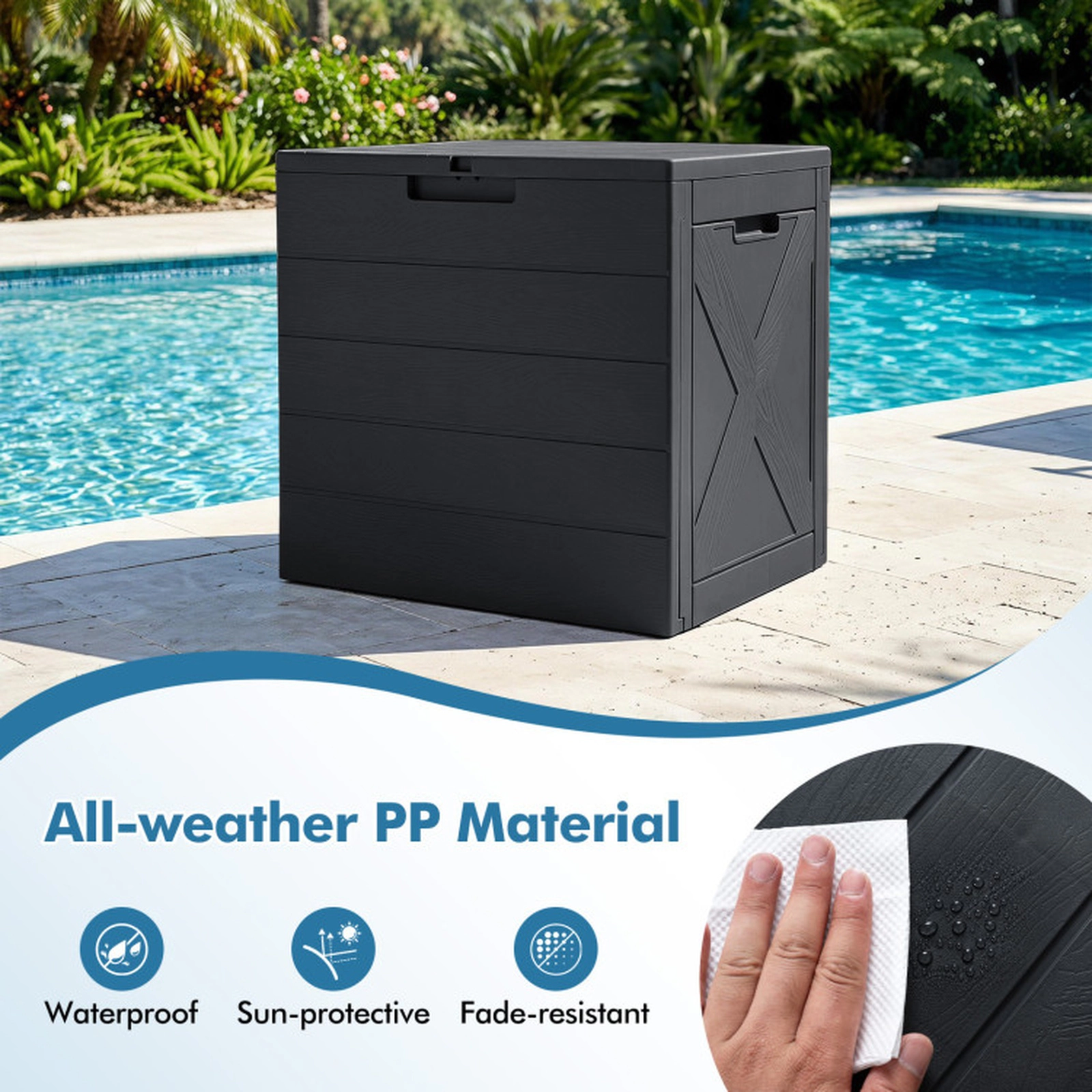 SUGIFT 25 Gallon Outdoor PP Storage Bin Deck Box with Lock Hole Carry Handles 110-lb Lid Capacity 22-in Wide Black