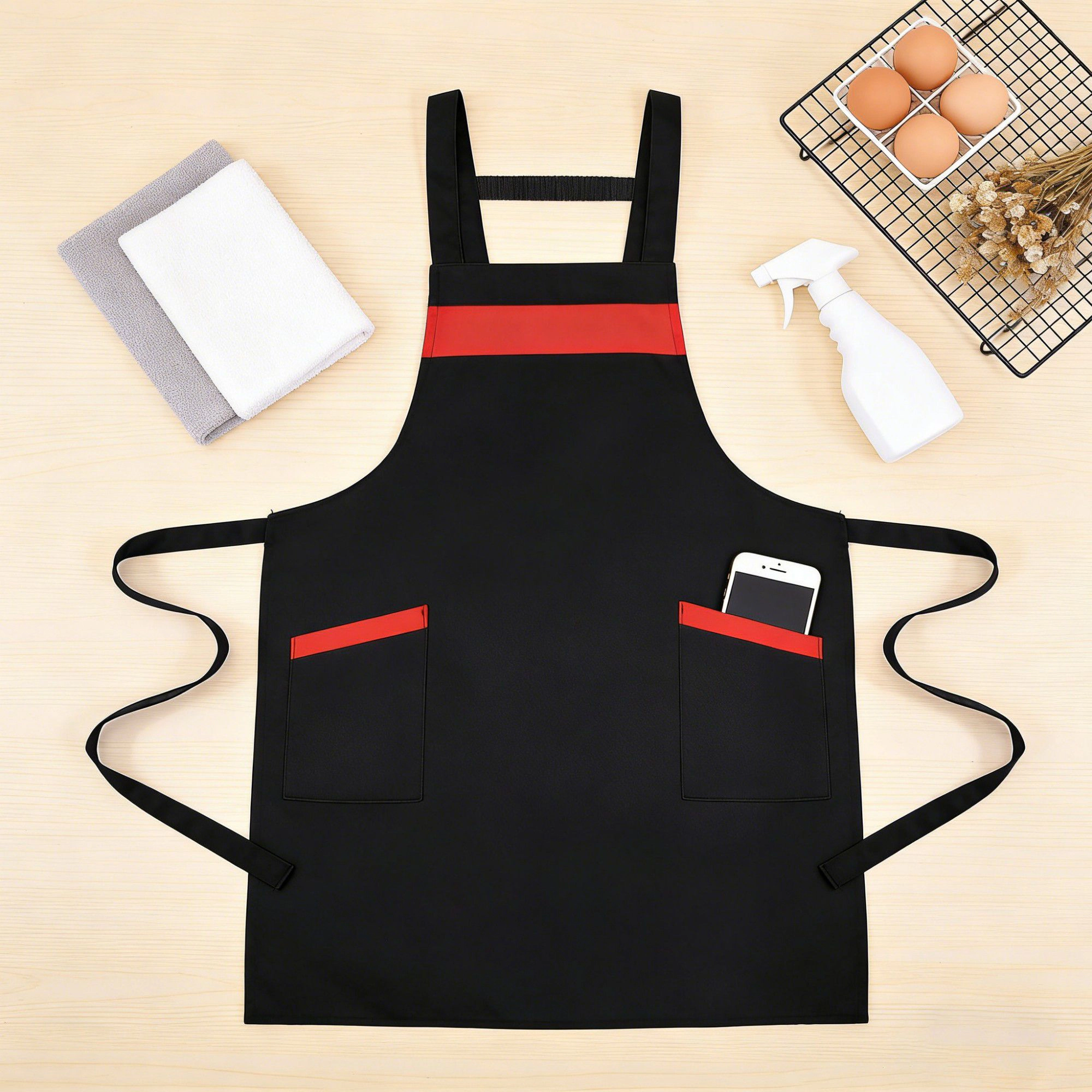 Alilang Women Kitchen Apron Adjustable Strap with Contrast Trim and Dual Pockets for Cooking Work