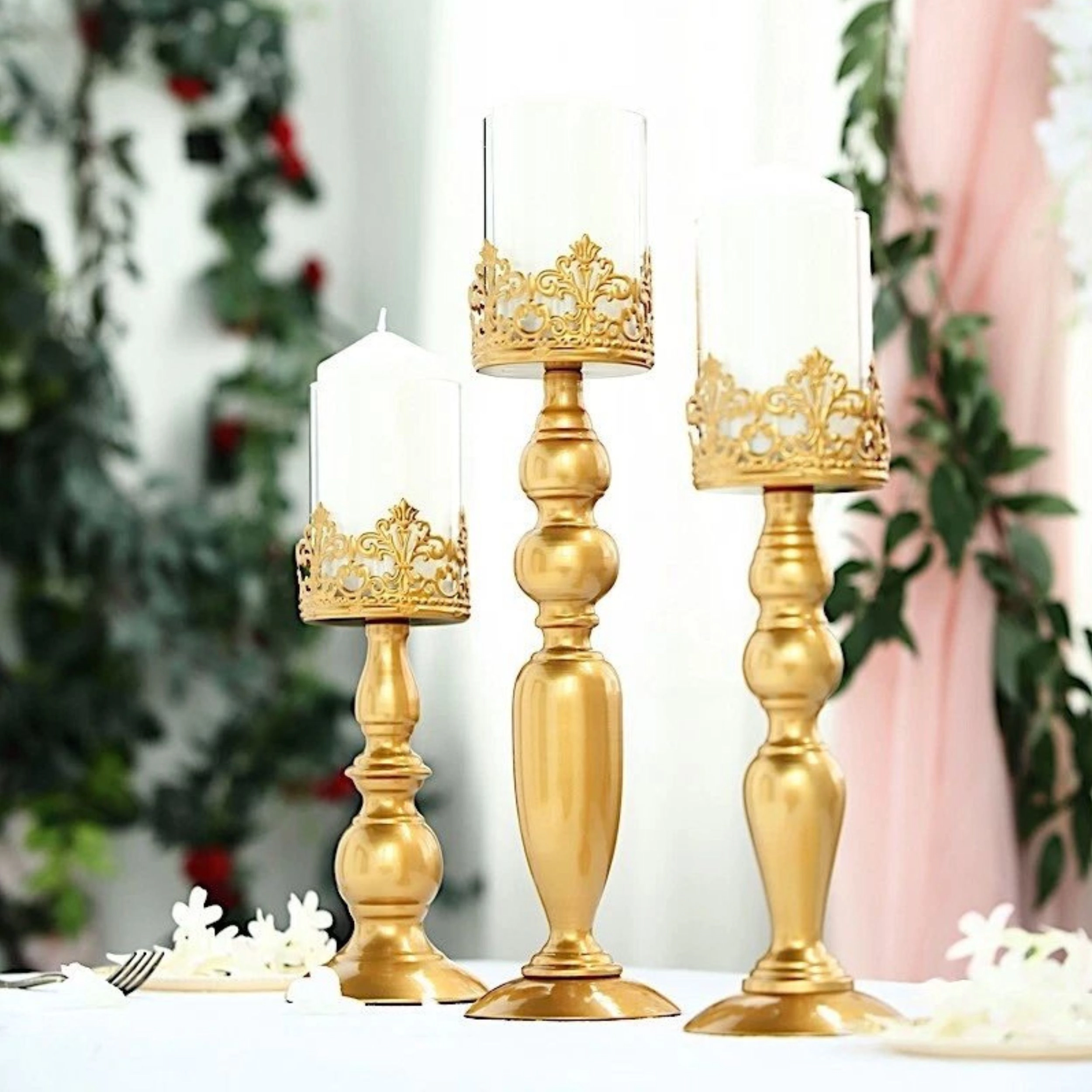 Home Collection Gold Lacy Trim Metal Glass Candle Holders Set of 3