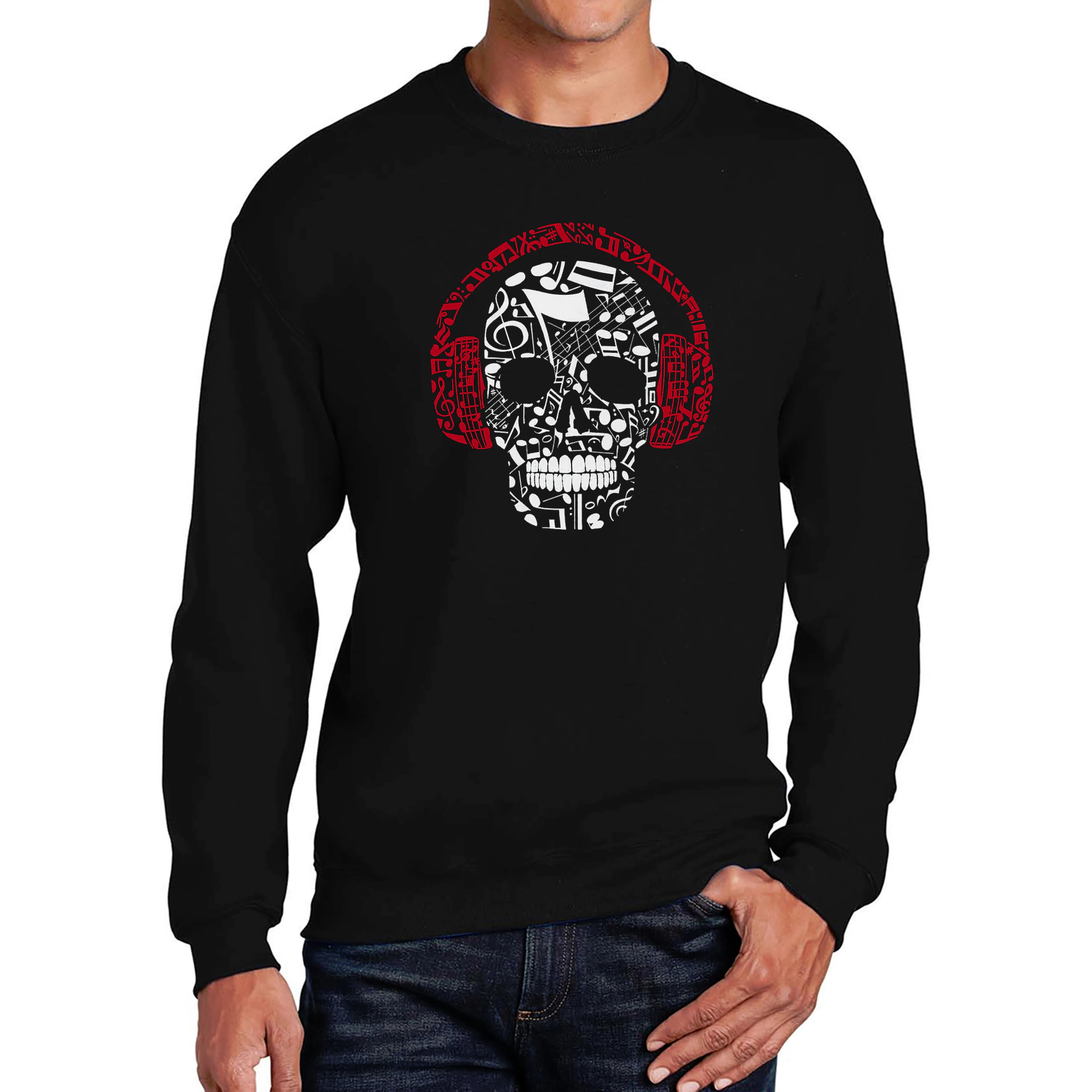 LA Pop Art Music Notes Skull - Mens Word Crew Sweatshirt
