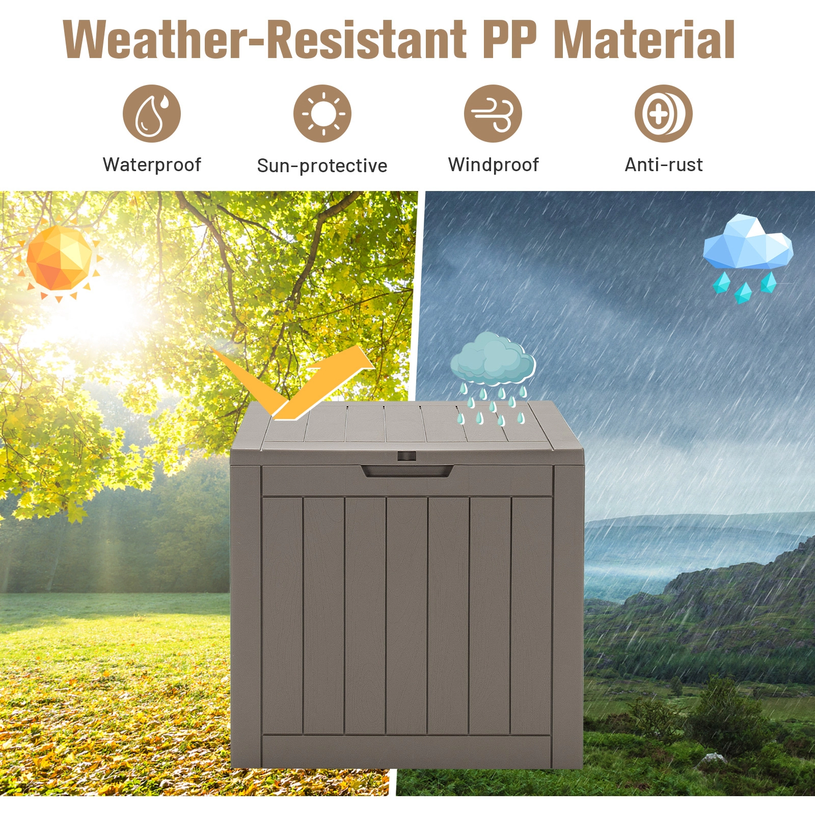 SUGIFT 30-Gallon Weatherproof PP Wood Grain Lift-Top Outdoor Deck Storage Box 22-in x 17-in x 21-in 154-lb Light Brown