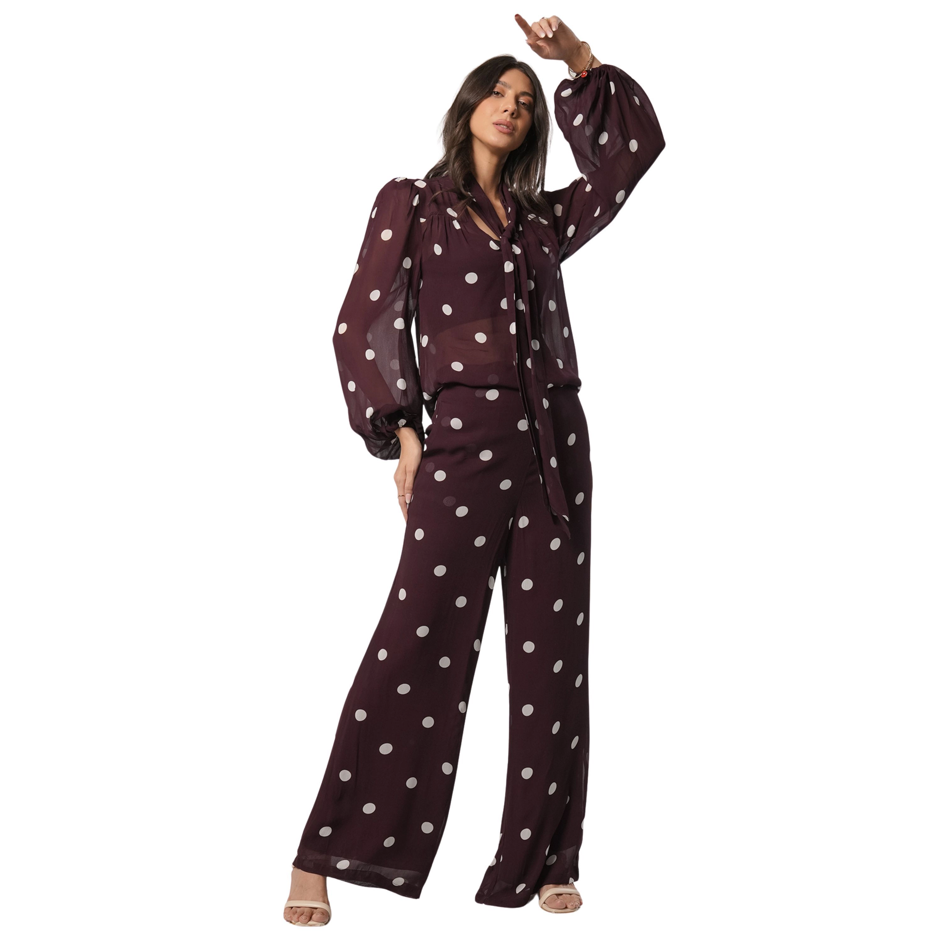 Rose & Nancy Women's Saphi Burgundy Polka Dot Print Wide Leg Trouser