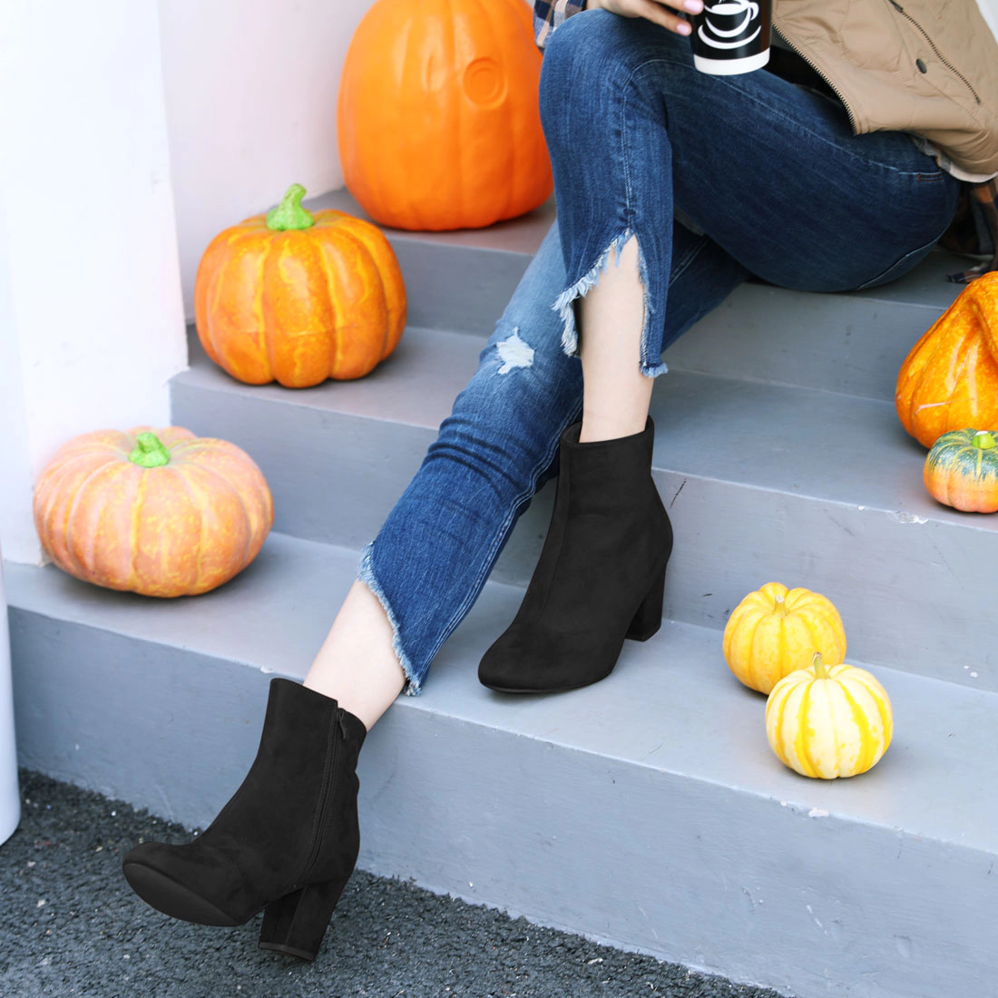 BLISSFUL STEP Women Faux Suede Round Toe Chunky Heel Side Zip Ankle Boots