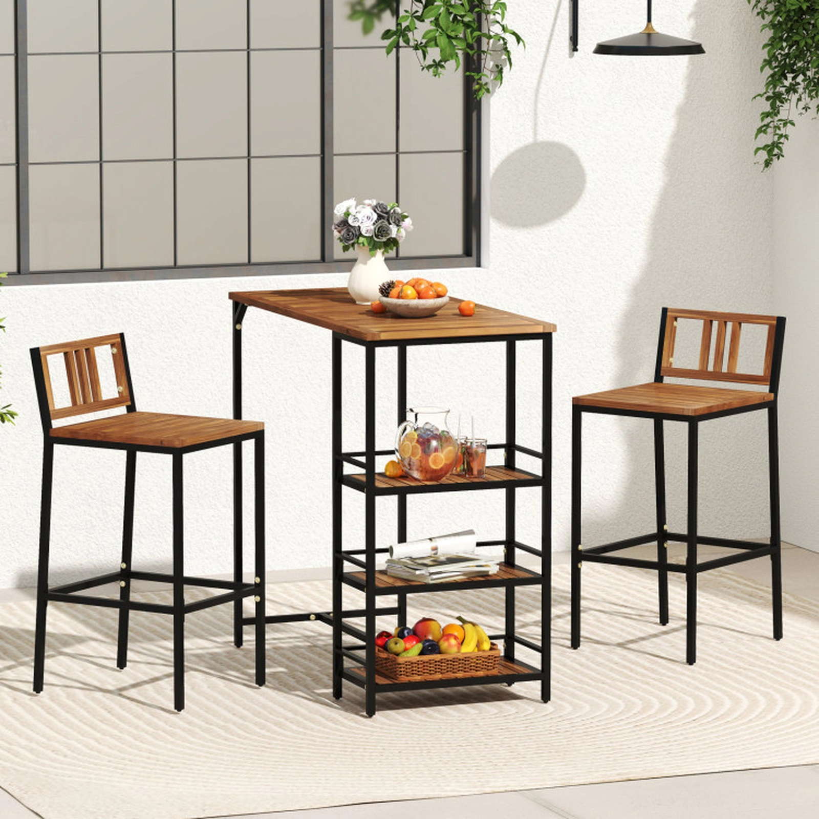 SUGIFT Outdoor Bar Set with 3-Tier Storage Shelf 400-lb Chair Capacity Black + Natural