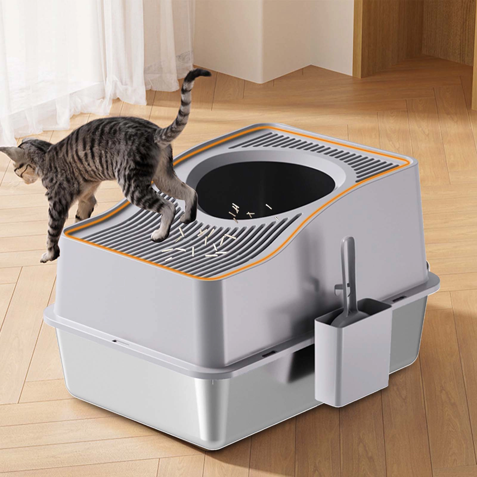 XL Enclosed Stainless-Steel Cat Litter Box, Raised Hollow-Cover Anti-Tracking Toilet 60x40x39.5cm, Gray