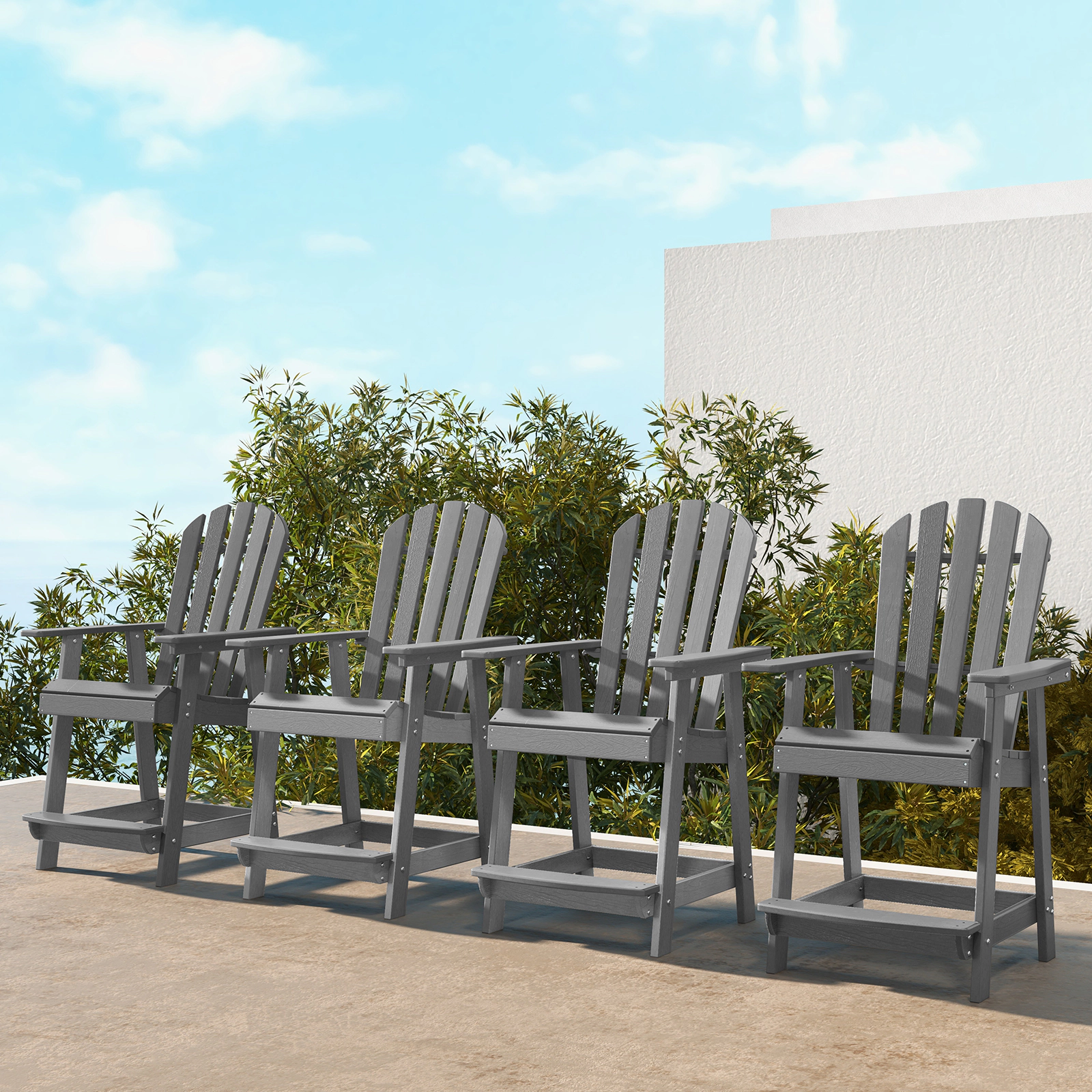 SUGIFT Gray HDPE Patio Bar Chair, 24.5-Inch Seat, Slatted Design, Arms and Footrest