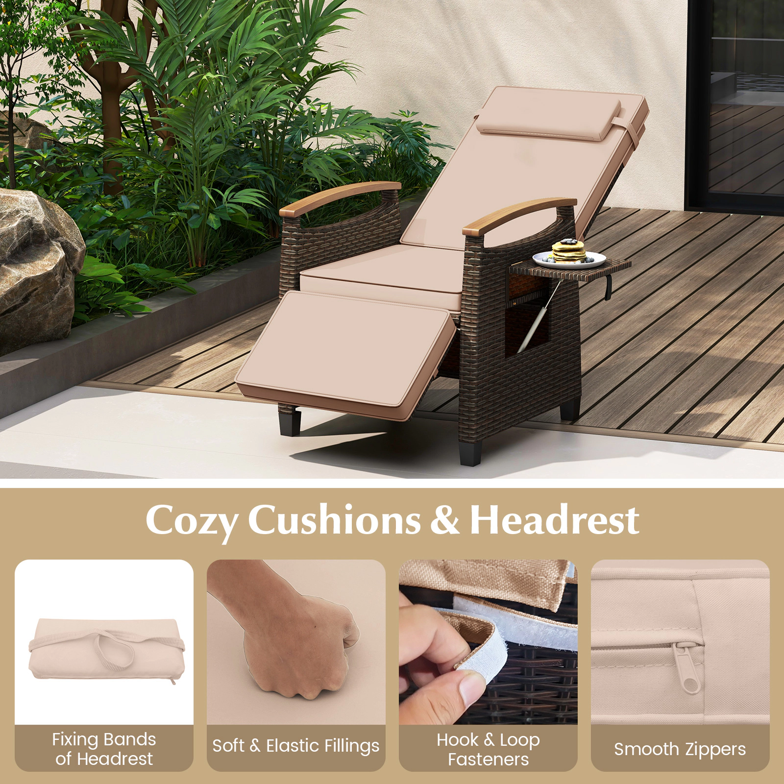 SUGIFT Brown PE Rattan Reclining Patio Chair with Footrest, Headrest and Arm Tray