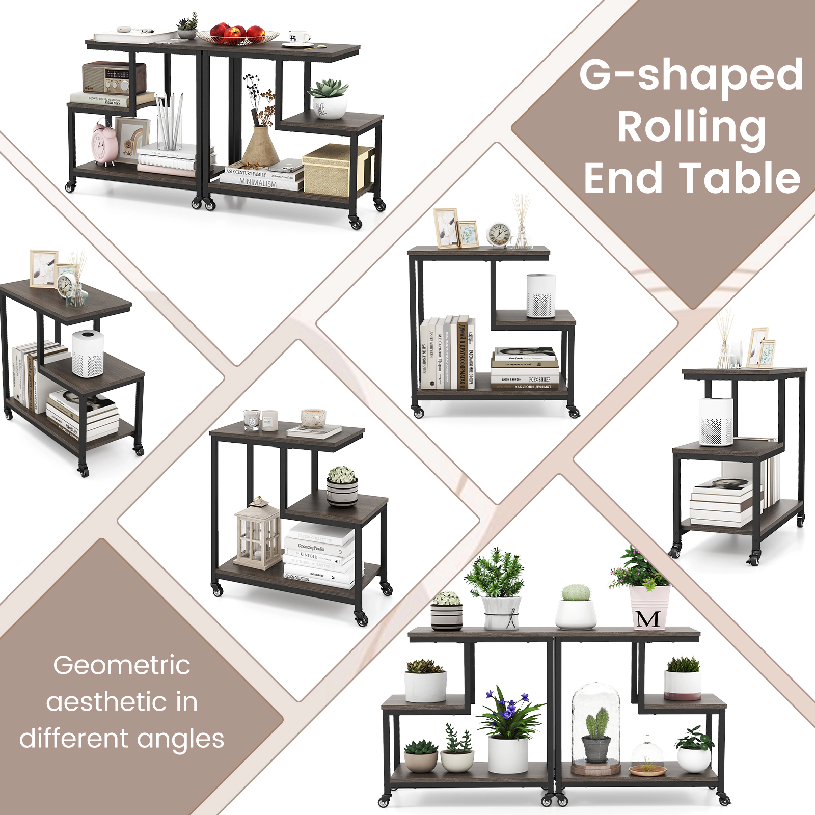 Glintex G-Shaped 3-Tier Mobile End Table with Open Shelves and Braking Casters