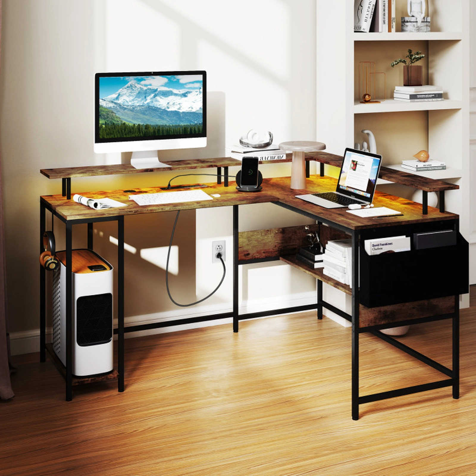 SUGIFT L-Shaped Gaming Desk with LED Lights and Power Outlets 200-lb Tabletop Capacity Home Office Computer Desk Brown &