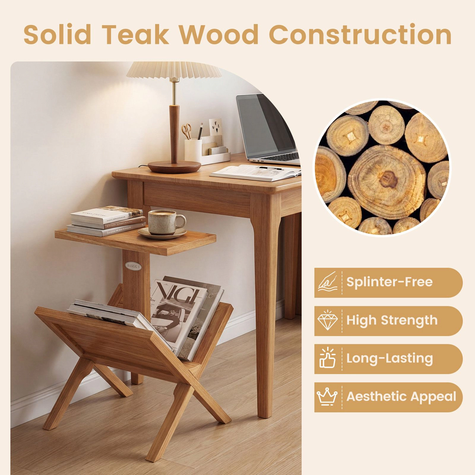 SlickBlue 2-Tier Teak Wood Side Table with Open Storage Shelves