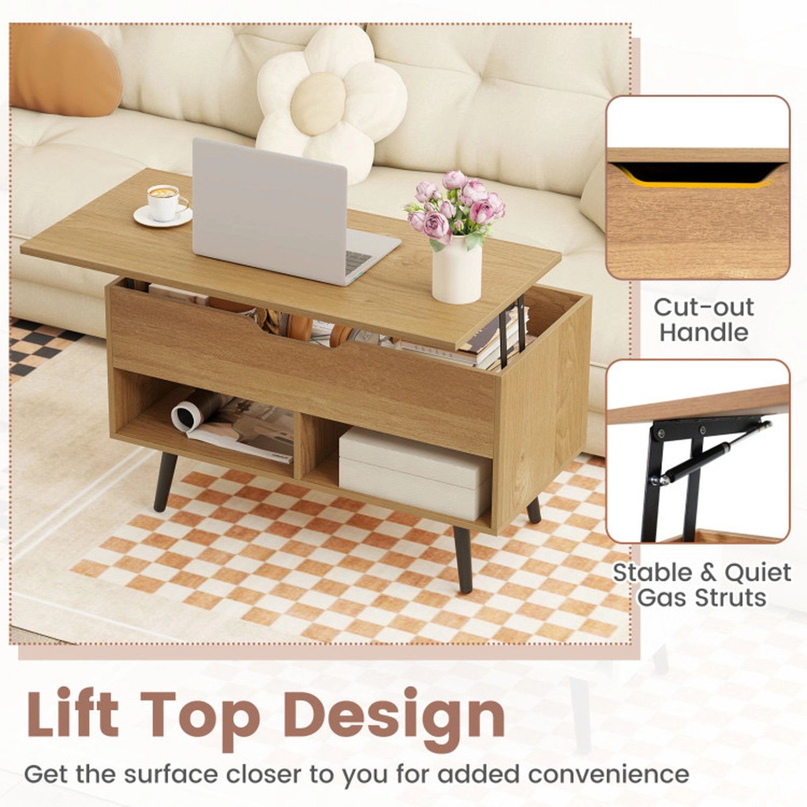 SUGIFT 31.5-in 23.5-in Lift Height Hydraulic Lift-Top Coffee Table with Hidden Storage and 2 Open Shelves