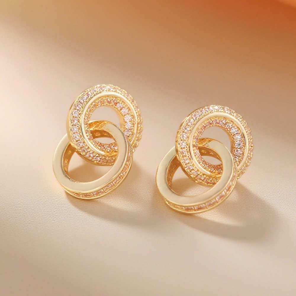 Interlocking Circle Cubic Zirconia Stud Earring Gold Plated Double Linked Ring CZ Earring