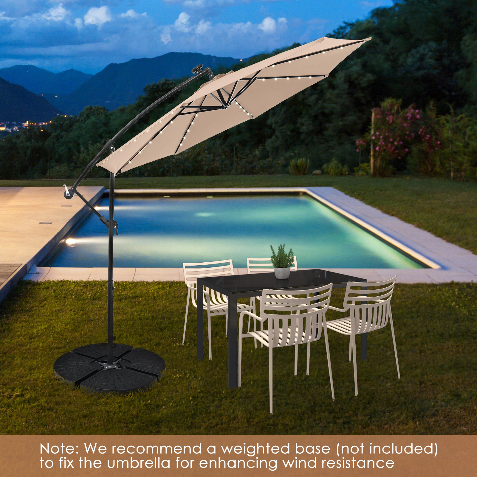 SUGIFT 10-ft Tan Solar LED Offset Patio Umbrella, 40 Lights, Crank Lift, Cross Base