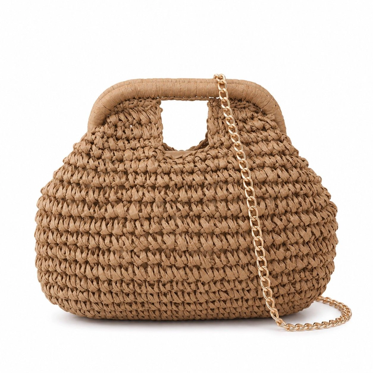 Alilang Women's Small Woven Straw Handbag Chain Crossbody Bag with Top Handle and Flap Closure, Beige