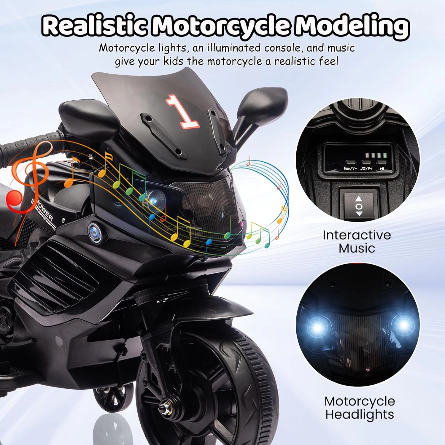 Enjyam 6V Kids Ride On Motorcycle w/Training Wheels, Electric Bike Toy w/Headlight, Horn & Music, Gift for Ages 3-6