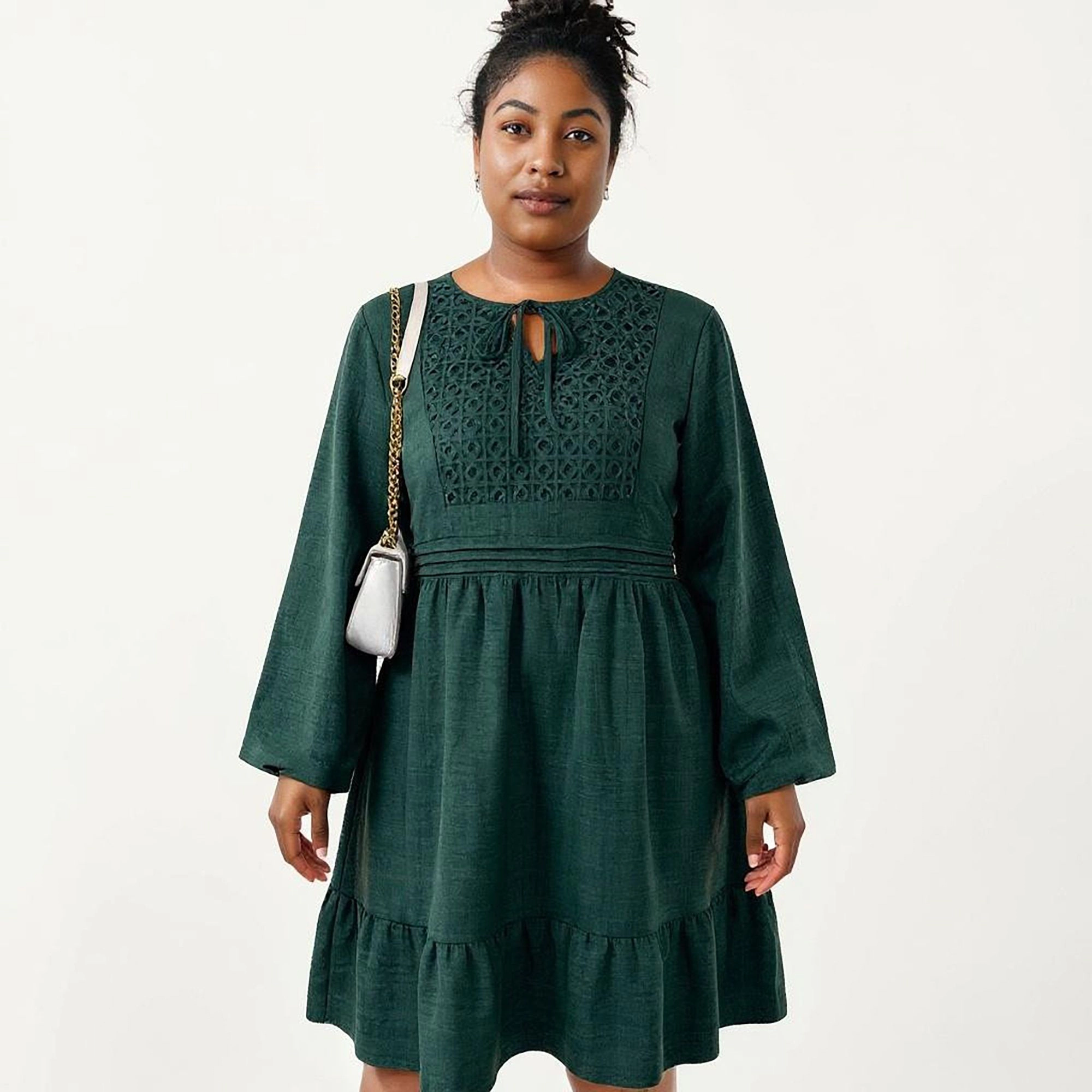 Anna-Kaci Women's Plus Long Sleeve Embroidered Elastic Waist Tiered Hem Midi Dress