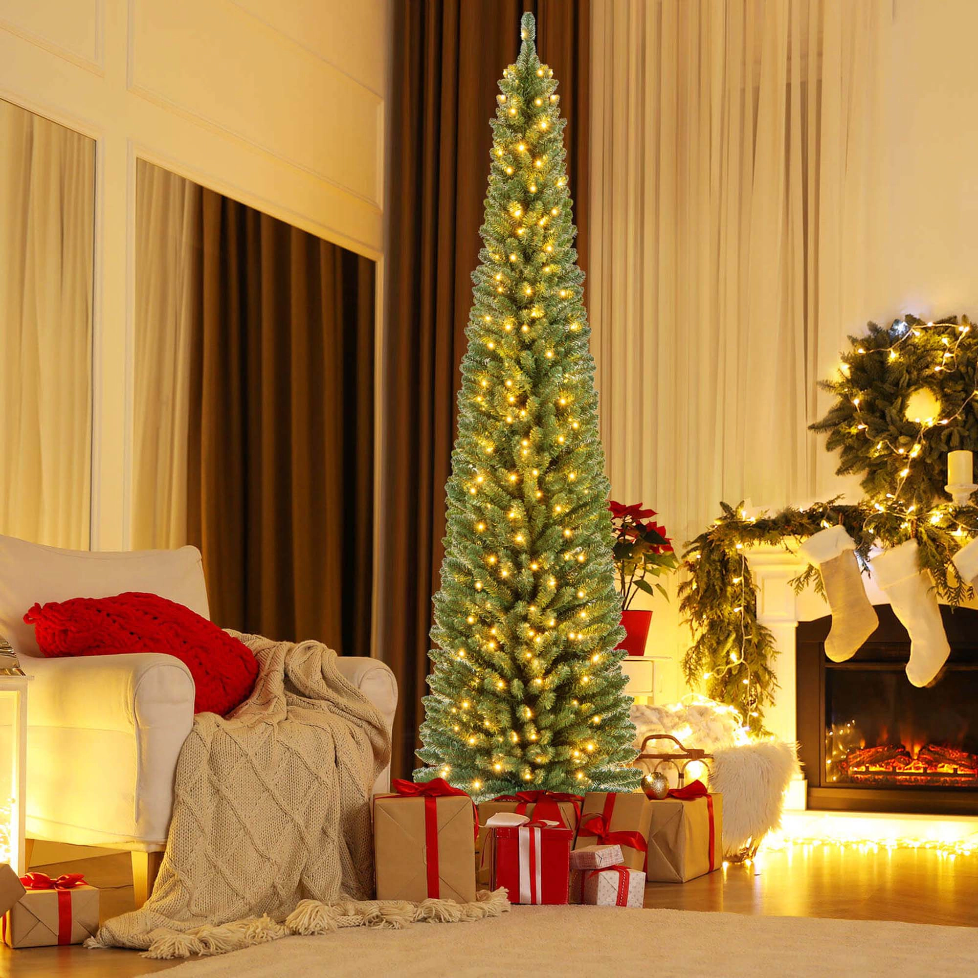 Costway 5/6/7/8 FT Pencil Christmas Tree with 295 Memory Wire Branch Tips 110/140/190/250 LED Lights for Home