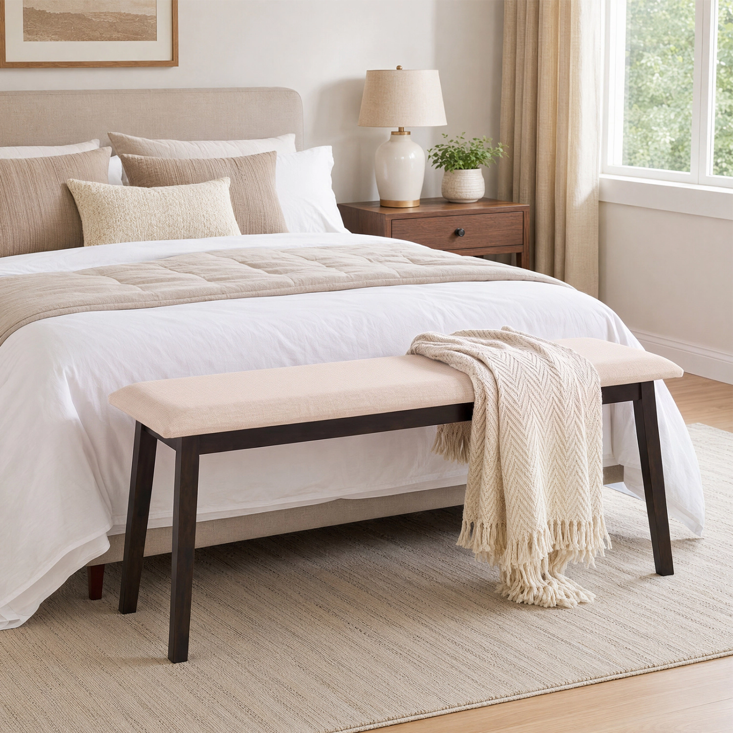 LJG 43.5 Inch Upholstered Entryway Bench with Rubber Wood Frame
