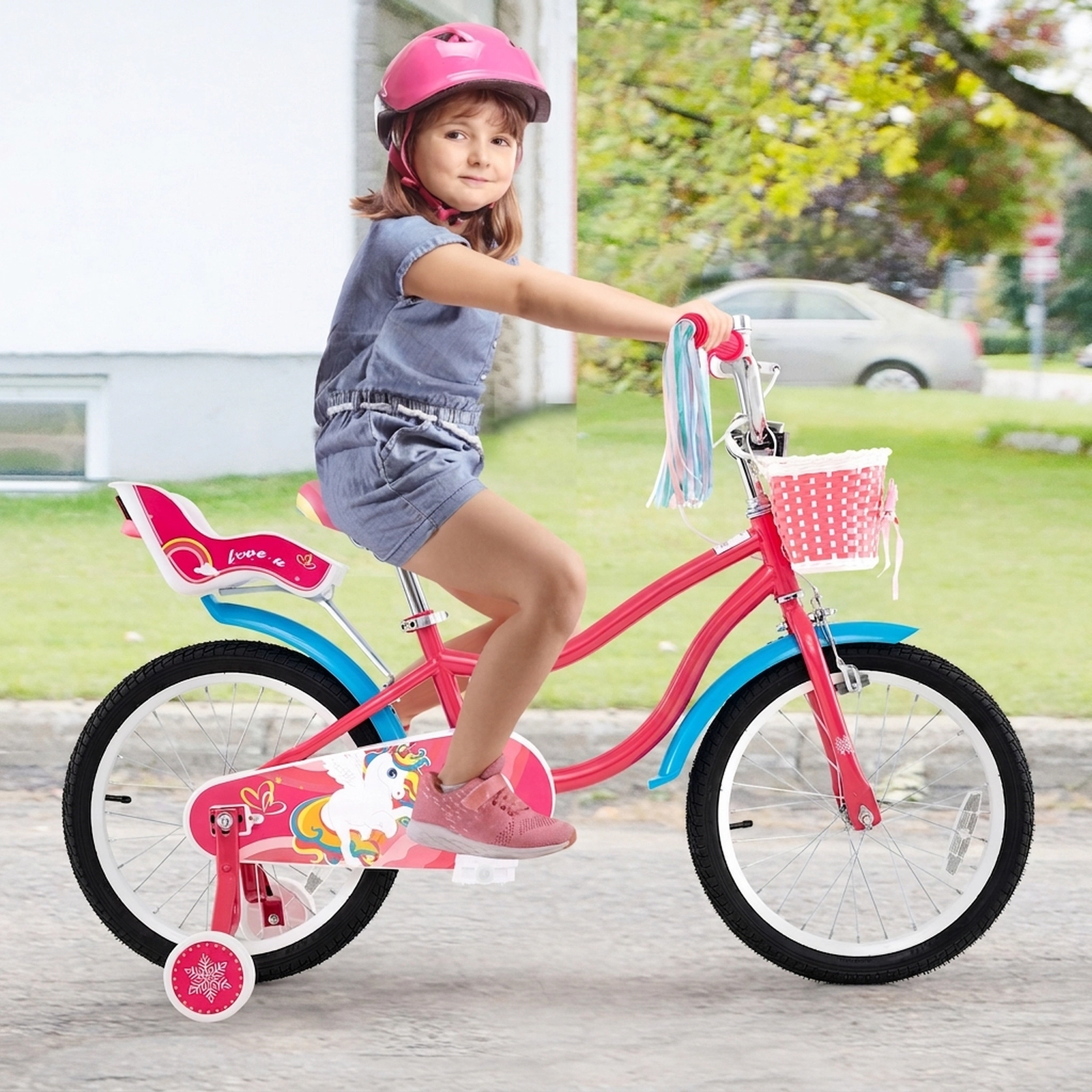18-in Girls Bike with Doll Seat Front Basket and Removable Training Wheels for Ages 4-8 Quick-Release Adjustable
