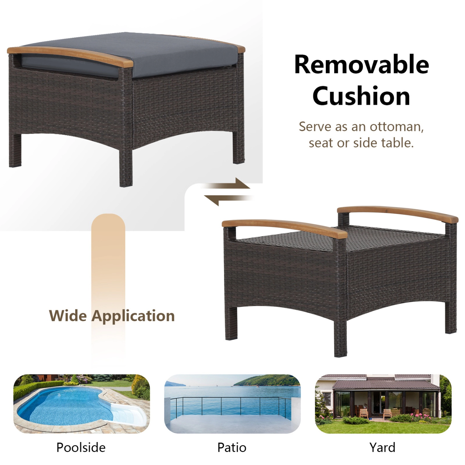 SUGIFT Set of 2 Fade-Resistant Wicker Patio Ottomans Foot Rest with Cushions 400-lb Capacity Mix Brown PE Rattan Gray
