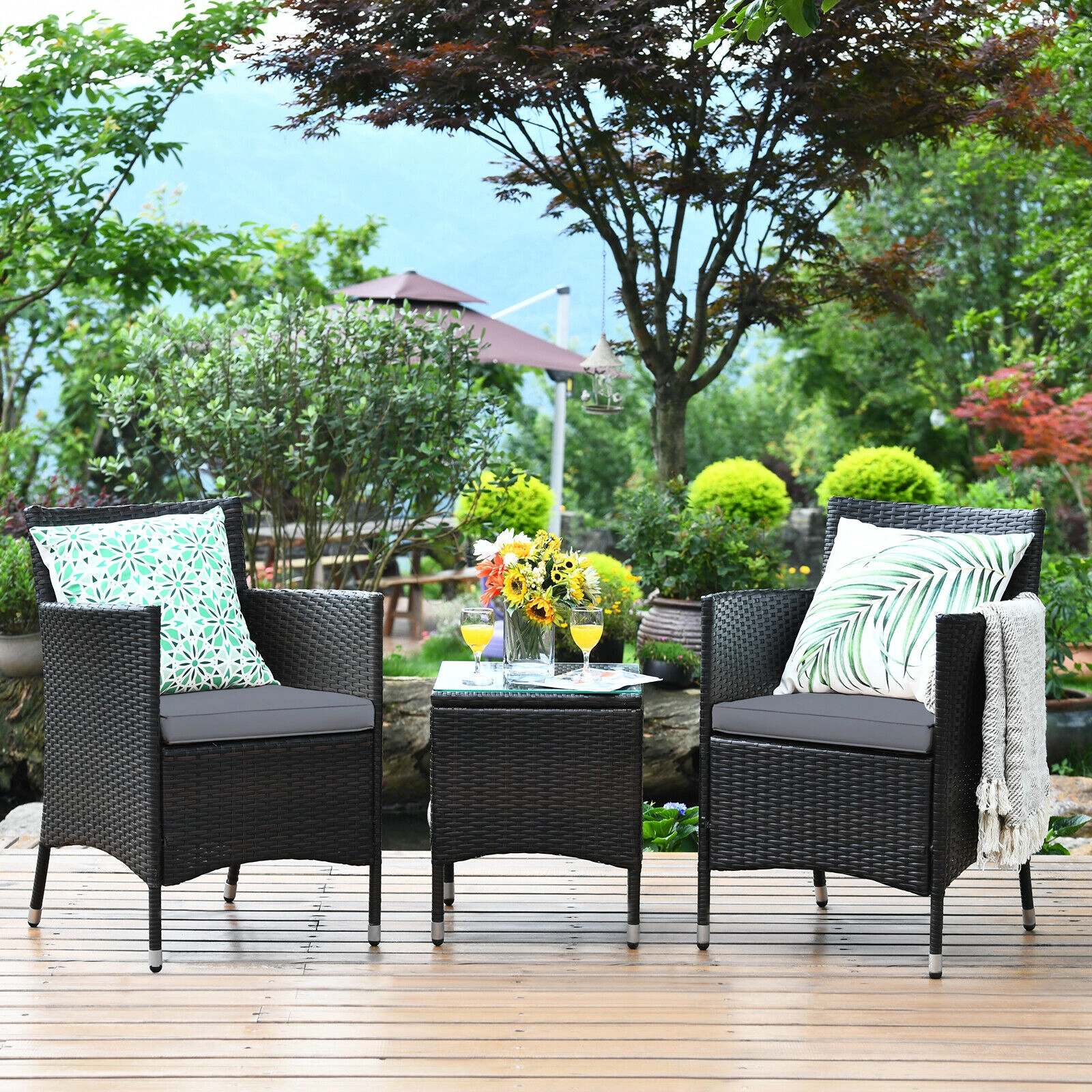 SUGIFT 3-Piece Gray Outdoor Rattan Wicker Set with Cradle-Seat Chairs and Glass Table