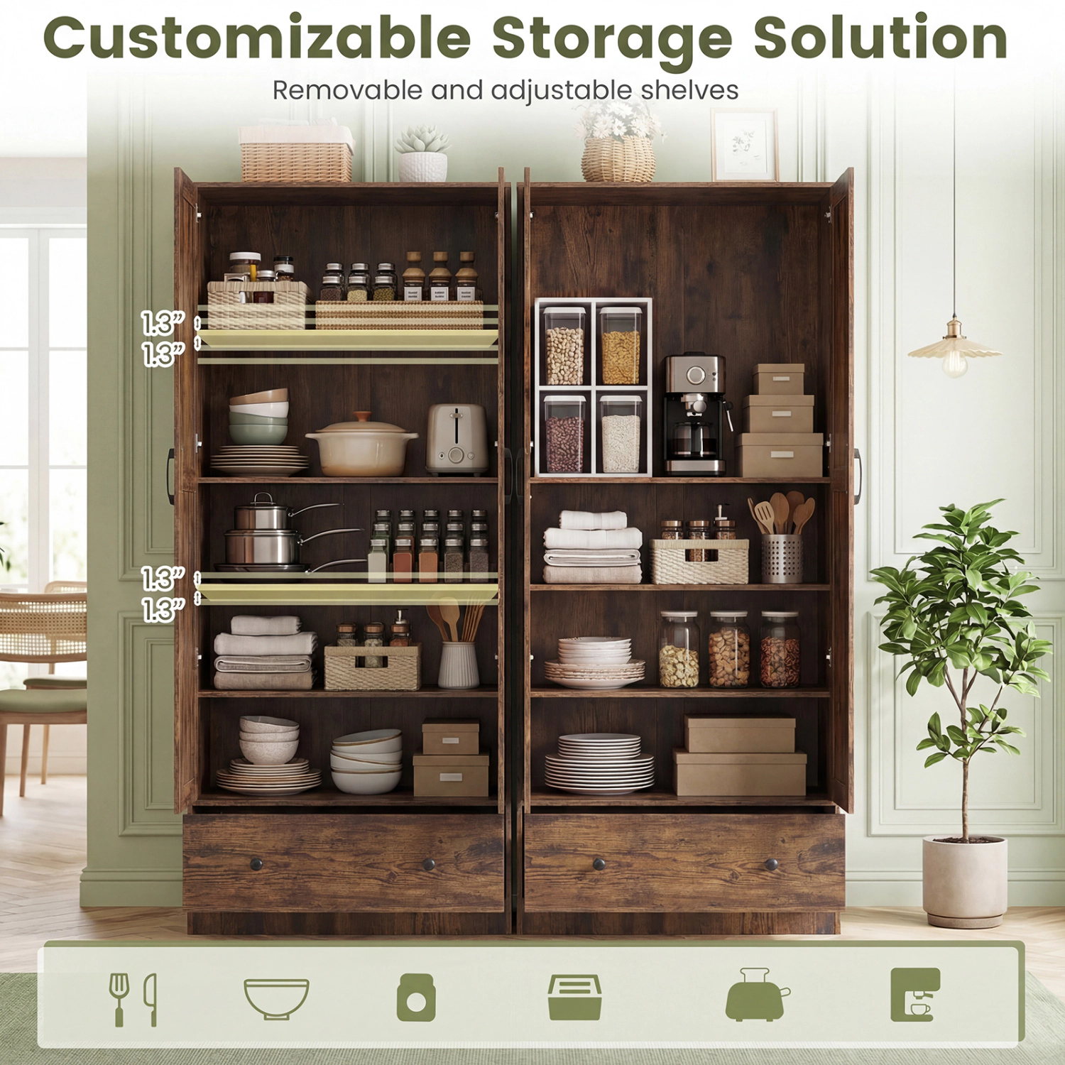 SUGIFT 72-in Tall 230-lb Capacity Rustic Brown Farmhouse Pantry Cupboard with 2 Doors and Bottom Drawer