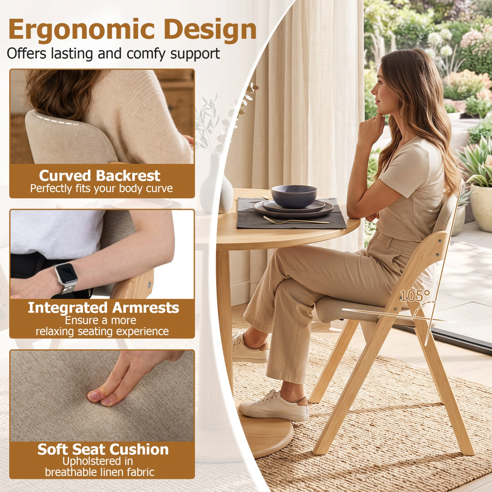 SUGIFT Folding Rubber Wood Dining Chairs Set of 4 with Linen Cushion 330-Lb Capacity Natural and Khaki