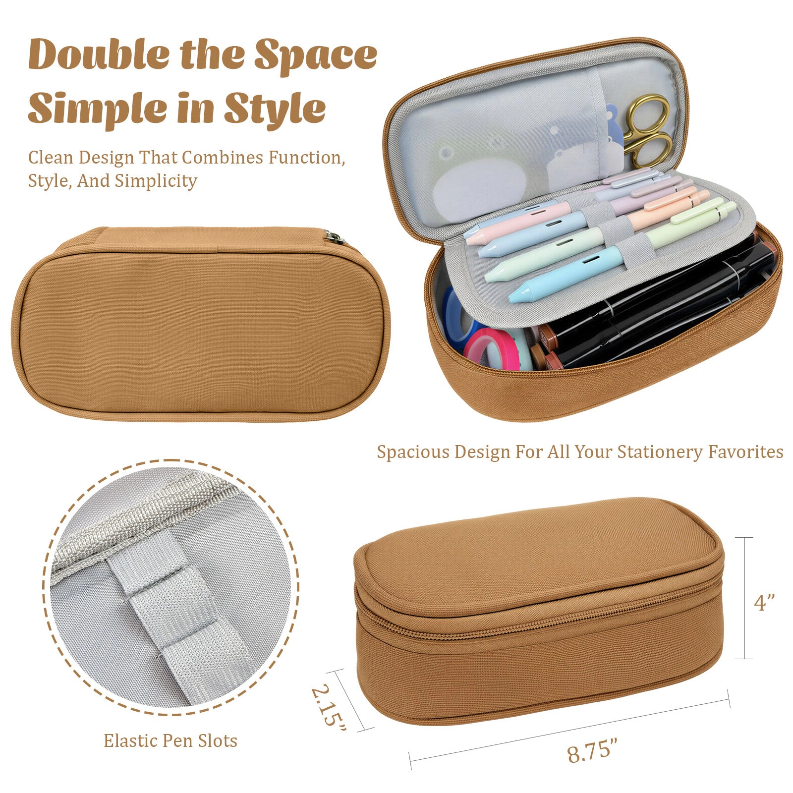 Wrapables Large Capacity Double-Compartment Pencil Case, Khaki