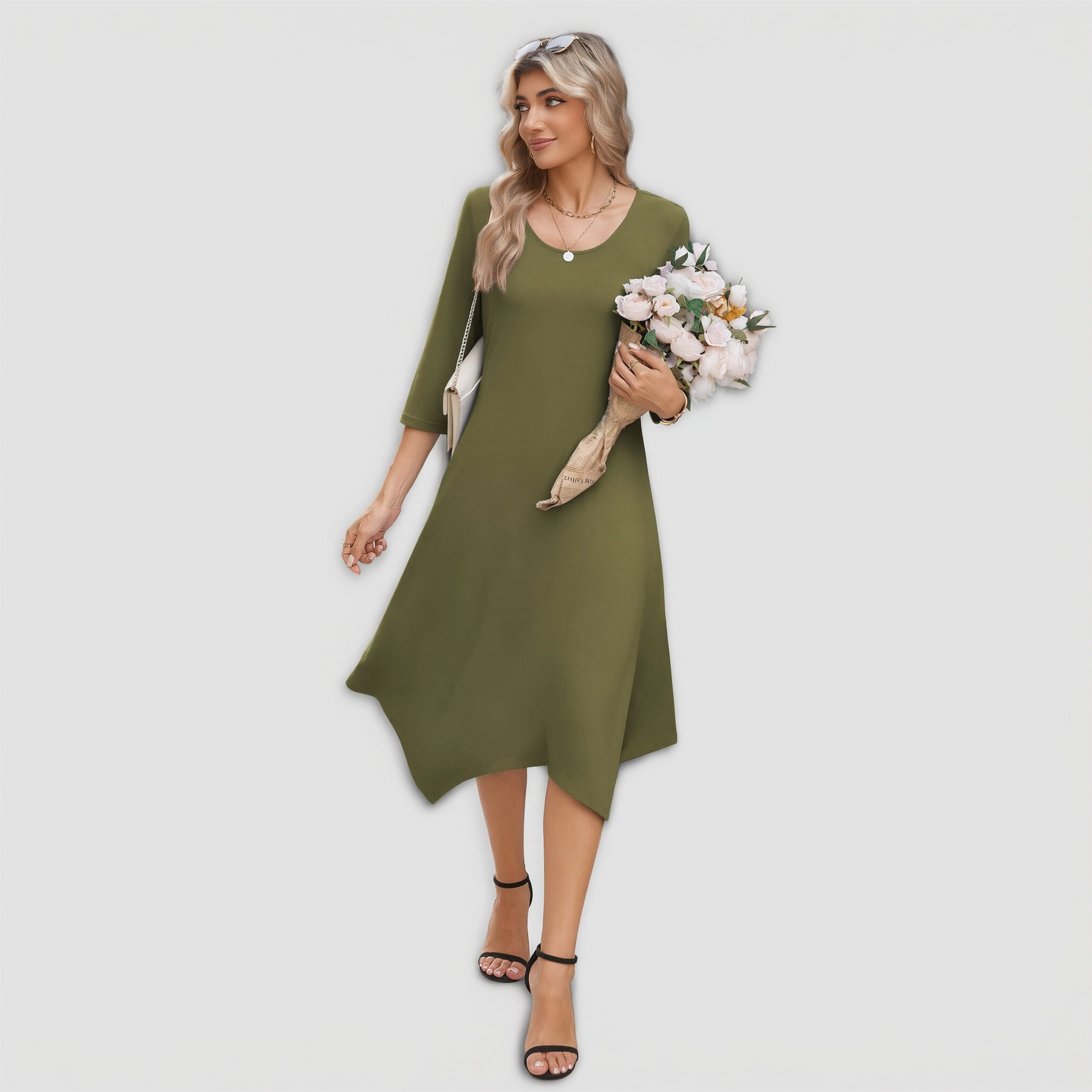 Zeagoo Women's Scoop Neck Three Quarter Sleeve Midi Dress