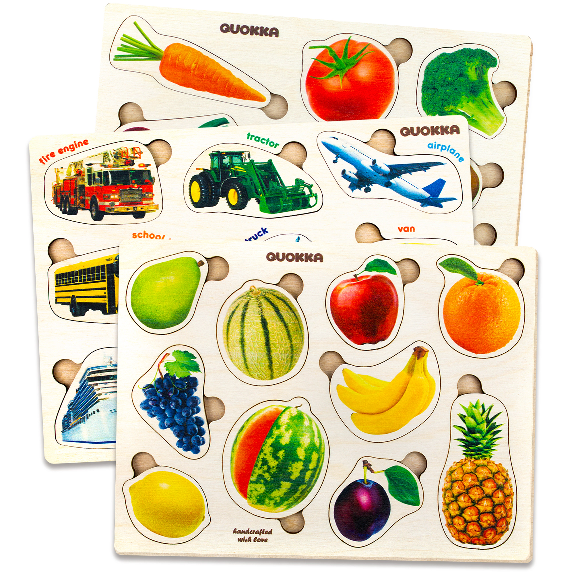 QUOKKA Wooden Puzzle Set for Toddlers Ages 1–3, 3-Pack Puzzles with Animal & Shape Themes