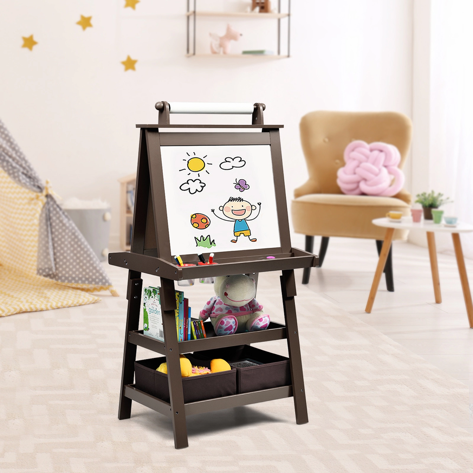 SUGIFT Paper Roll and Storage Bins 3-in-1 Double-Sided Kids Art Easel