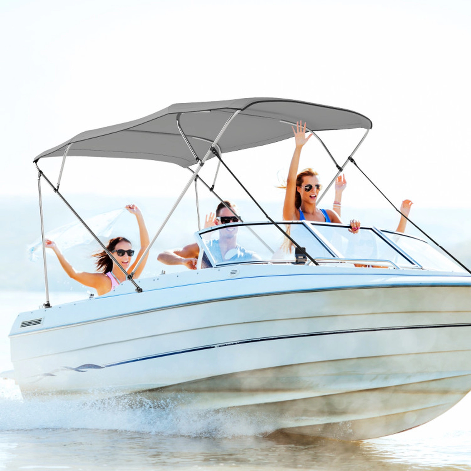 SUGIFT 4-Bow 8-ft Aluminum Boat Bimini Top Sun Shade Canopy with Storage Boot Deck Mounts and Straps