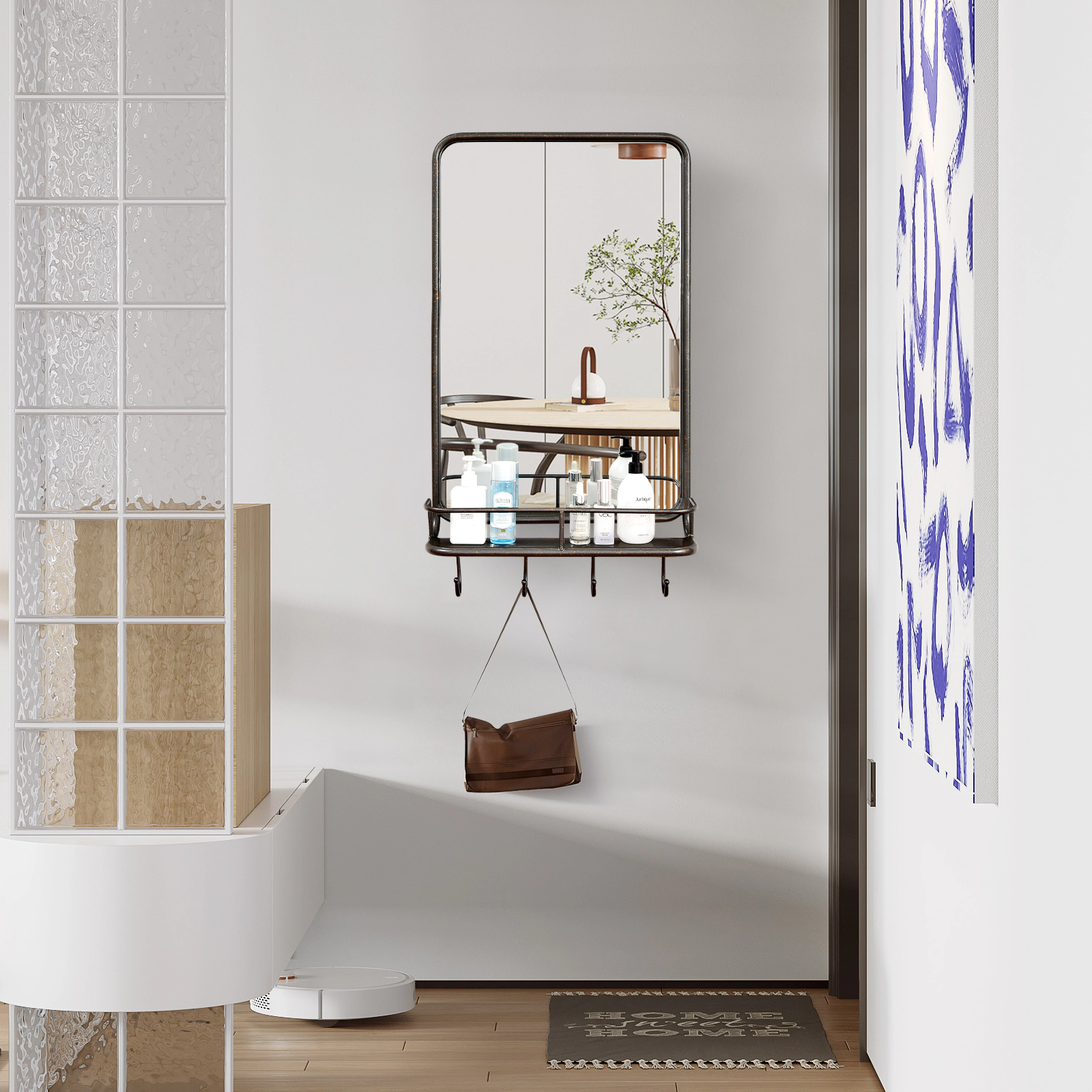 Slickblue Wall Mounted Bathroom Mirror with Shelf and Hooks, Metal Frame Storage Mirror